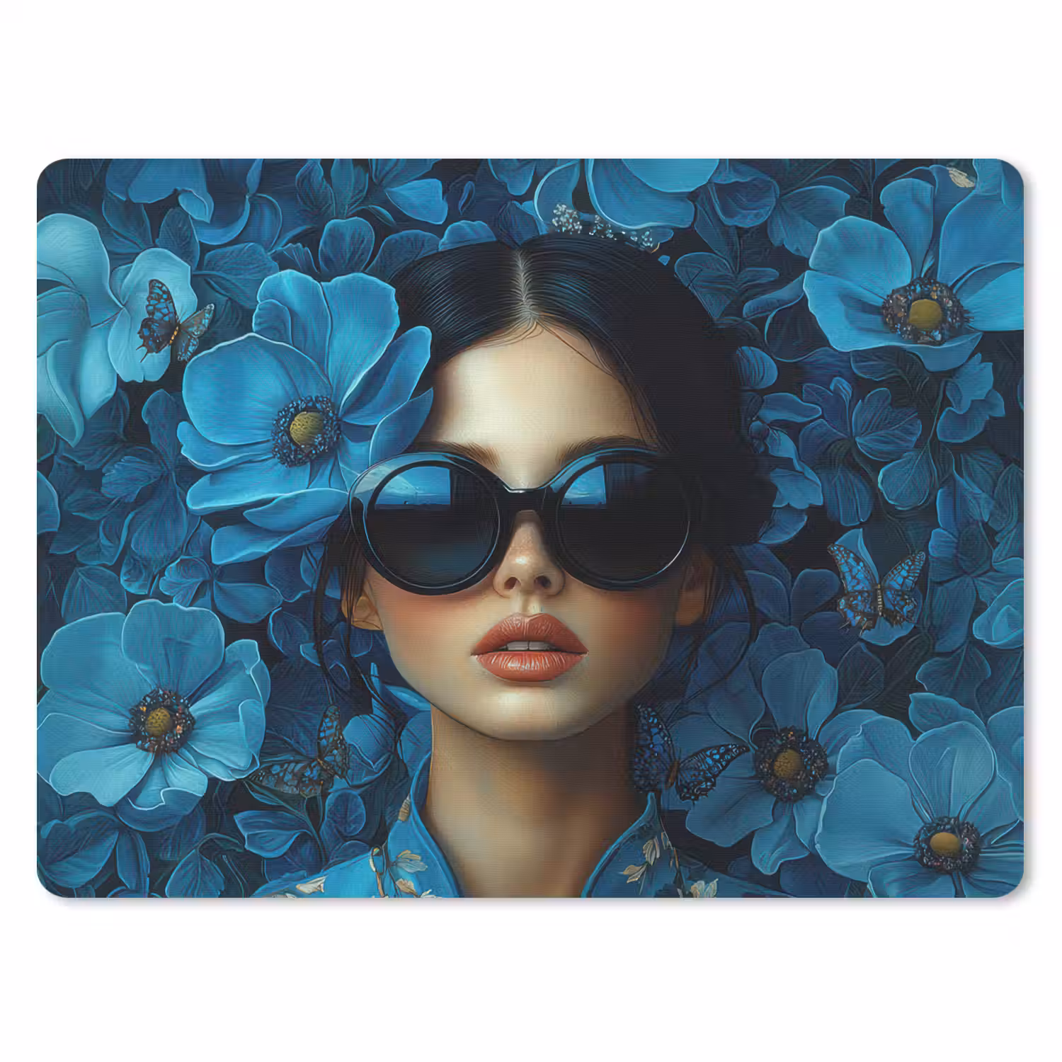 Vrouw - Bloemen - Blauw - Aesthetic - Luxe muismat rubber klein -3d