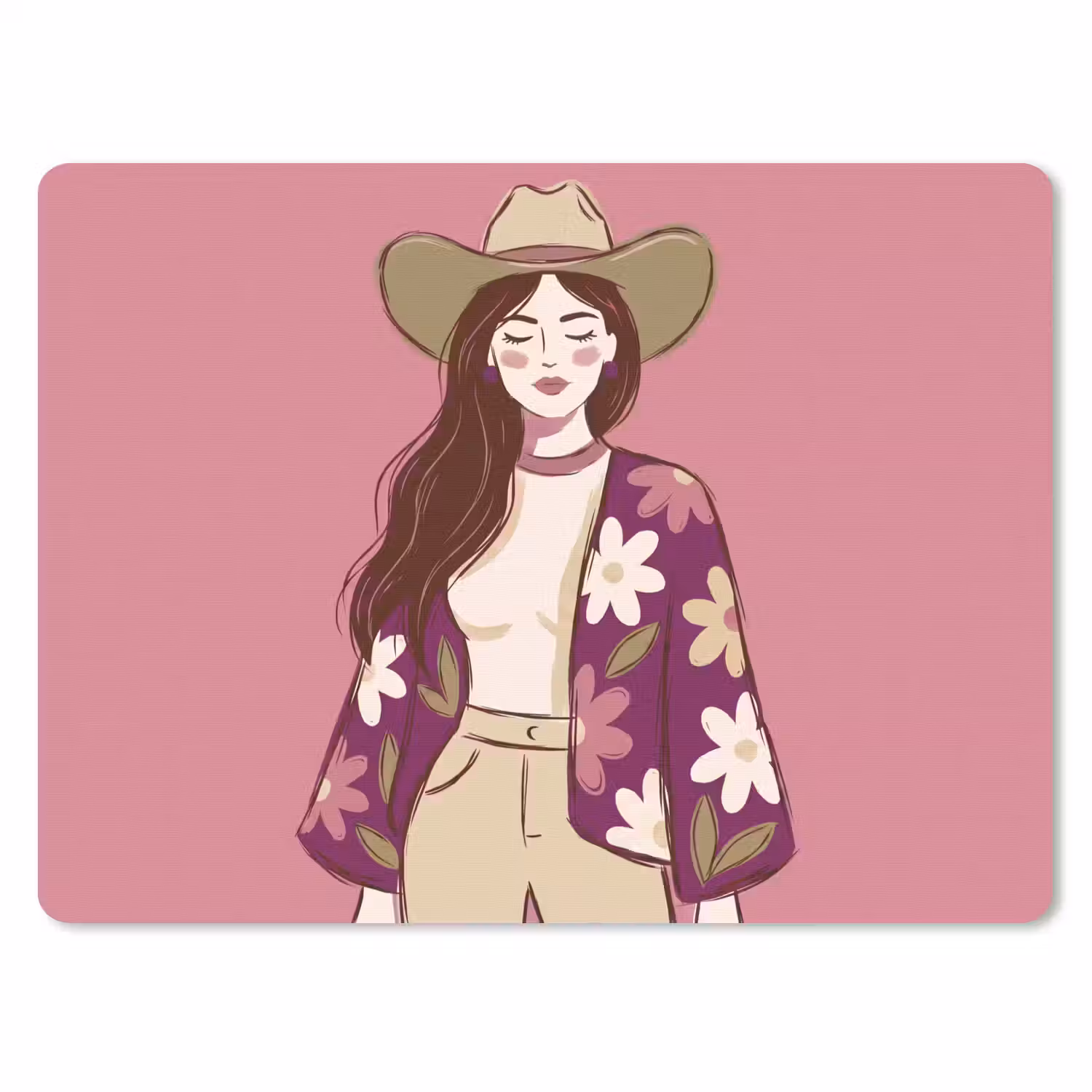 Vrouw - Hoed - Portret - Illustratie - Roze muismat rubber klein -3d