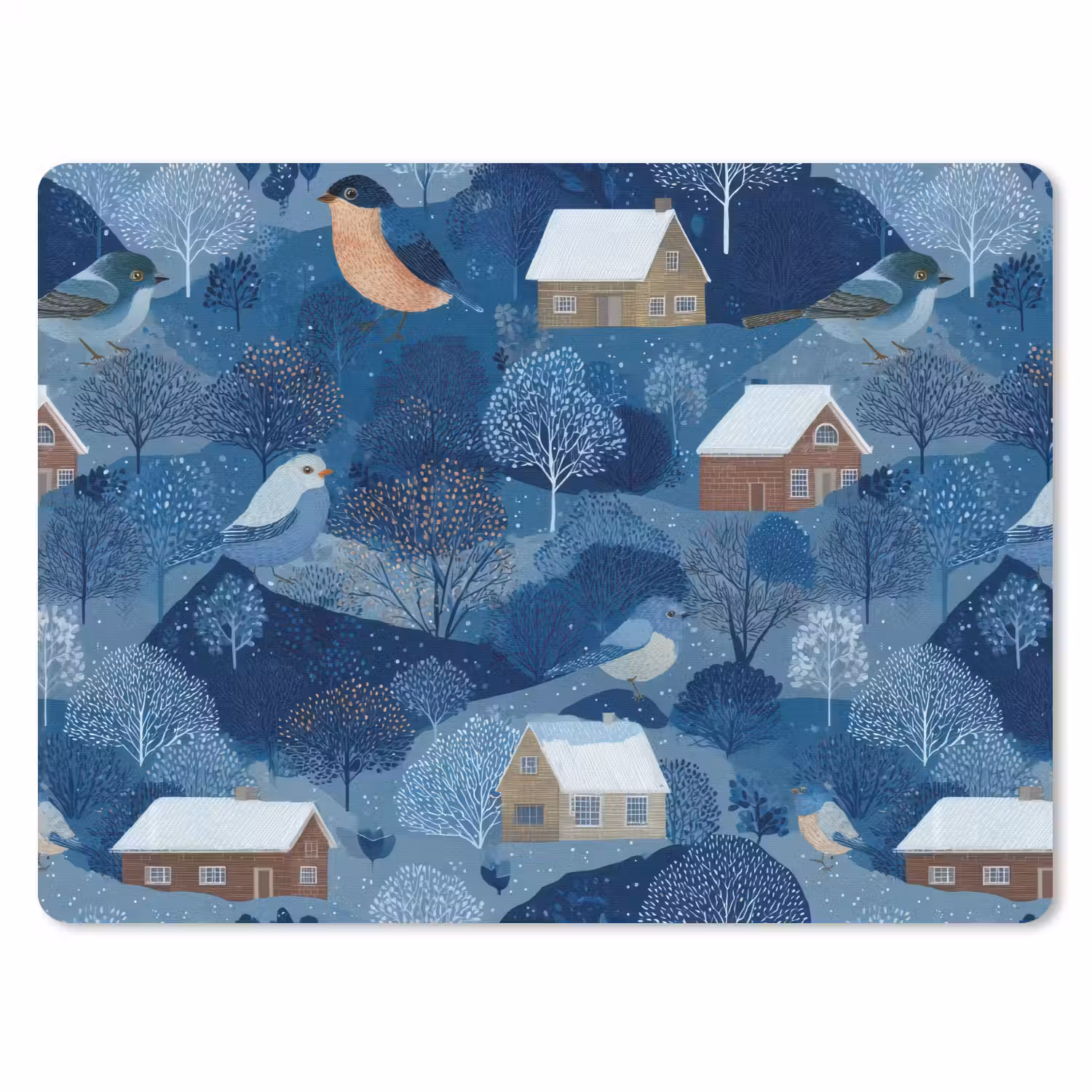 Huisjes - Vogels - Sneeuw - Winter - Blauw muismat rubber klein 262 -3d