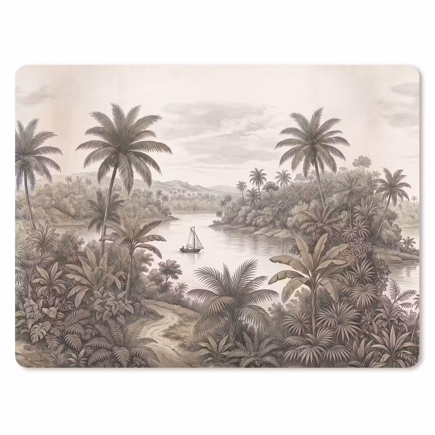 Landschap - Rivier - Boot - Tropisch - Vintage muismat rubber klein -3d