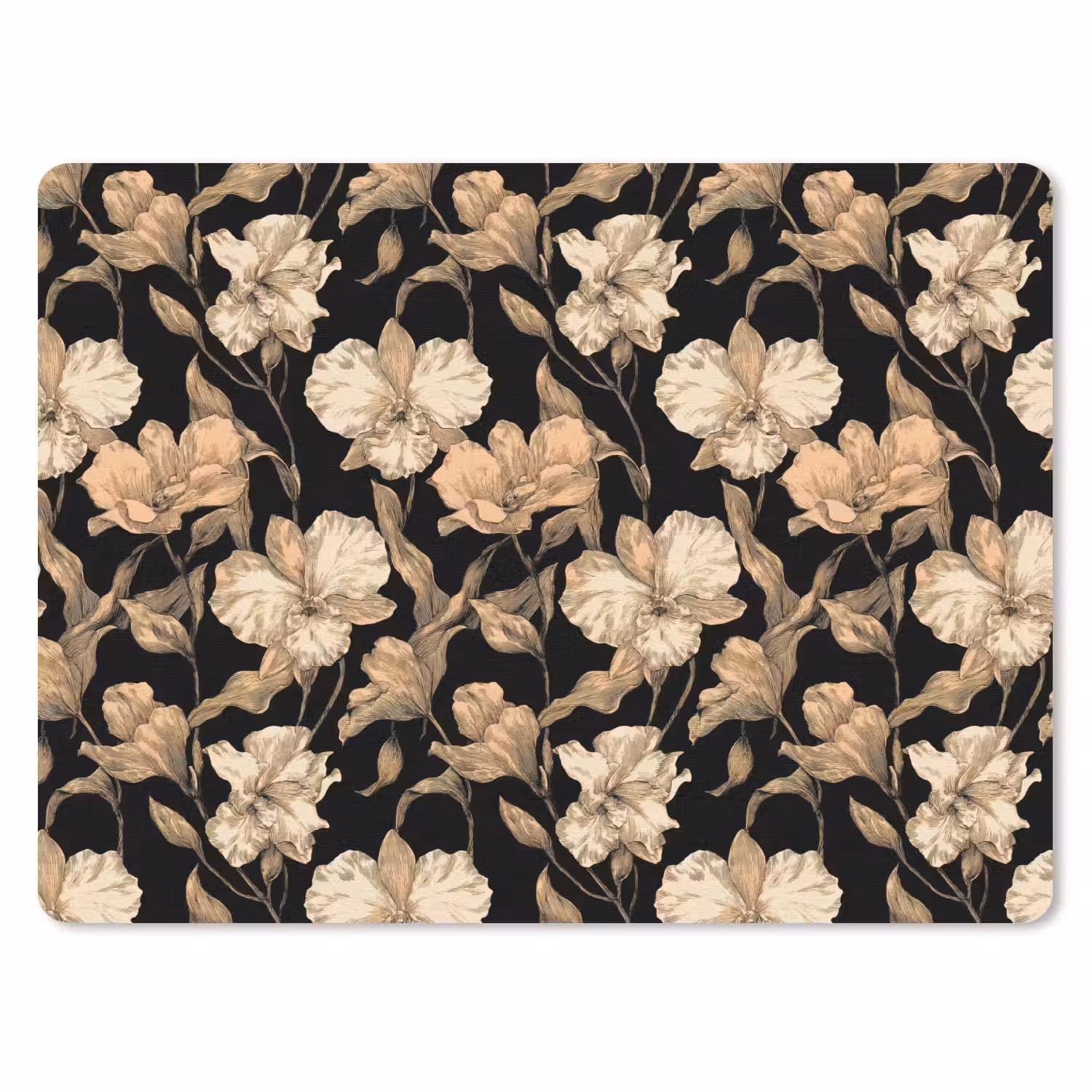 Orchideeën - Lijntekening - Patroon - Beige - Zwart muismat rubber klein 262 -3d