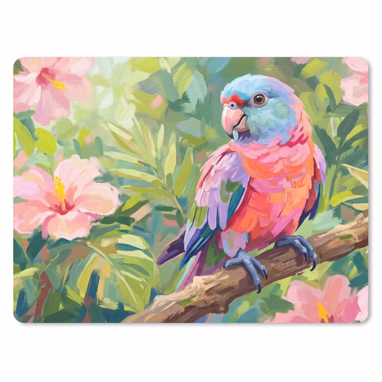 Papagaai - Hibiscusbloemen - Kleurrijk muismat rubber klein -3d