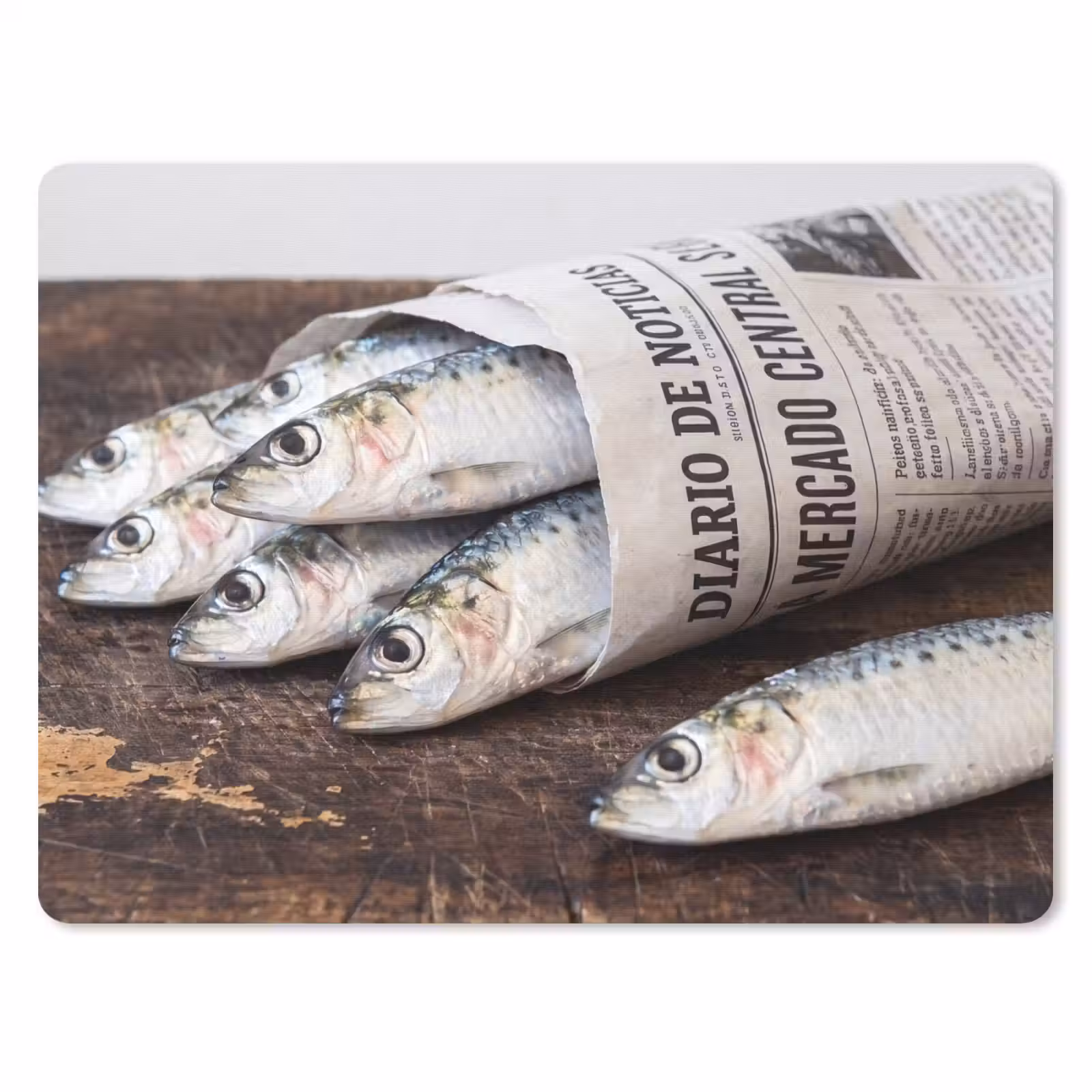 Mauspad - Sardine – Zeitung – Schneidebrett - Sardientje - krant - snijplank muismat rubber klein