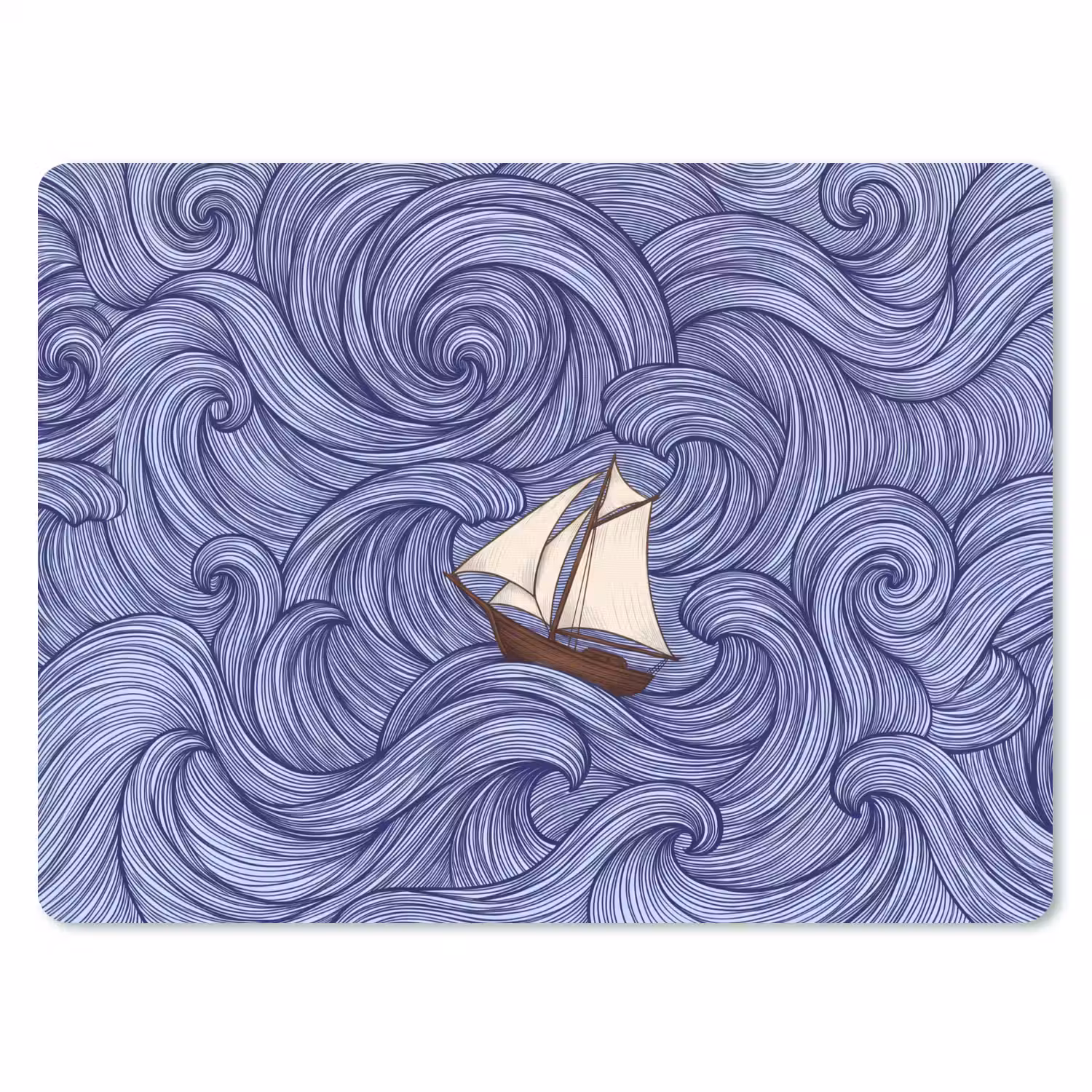 Schip - Golven - Zee - Illustratie - Blauw muismat rubber klein -3d