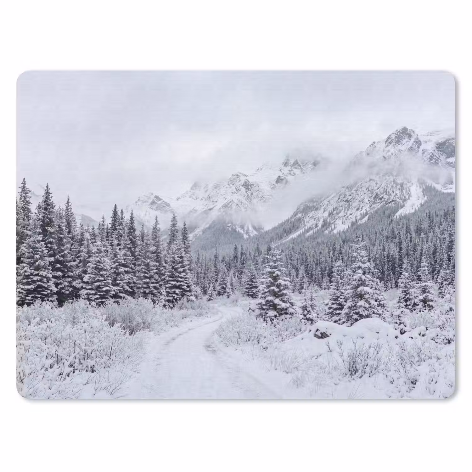 Weg - Bergen - Sneeuw - Naaldbos - Avontuurlijk muismat rubber klein -3d