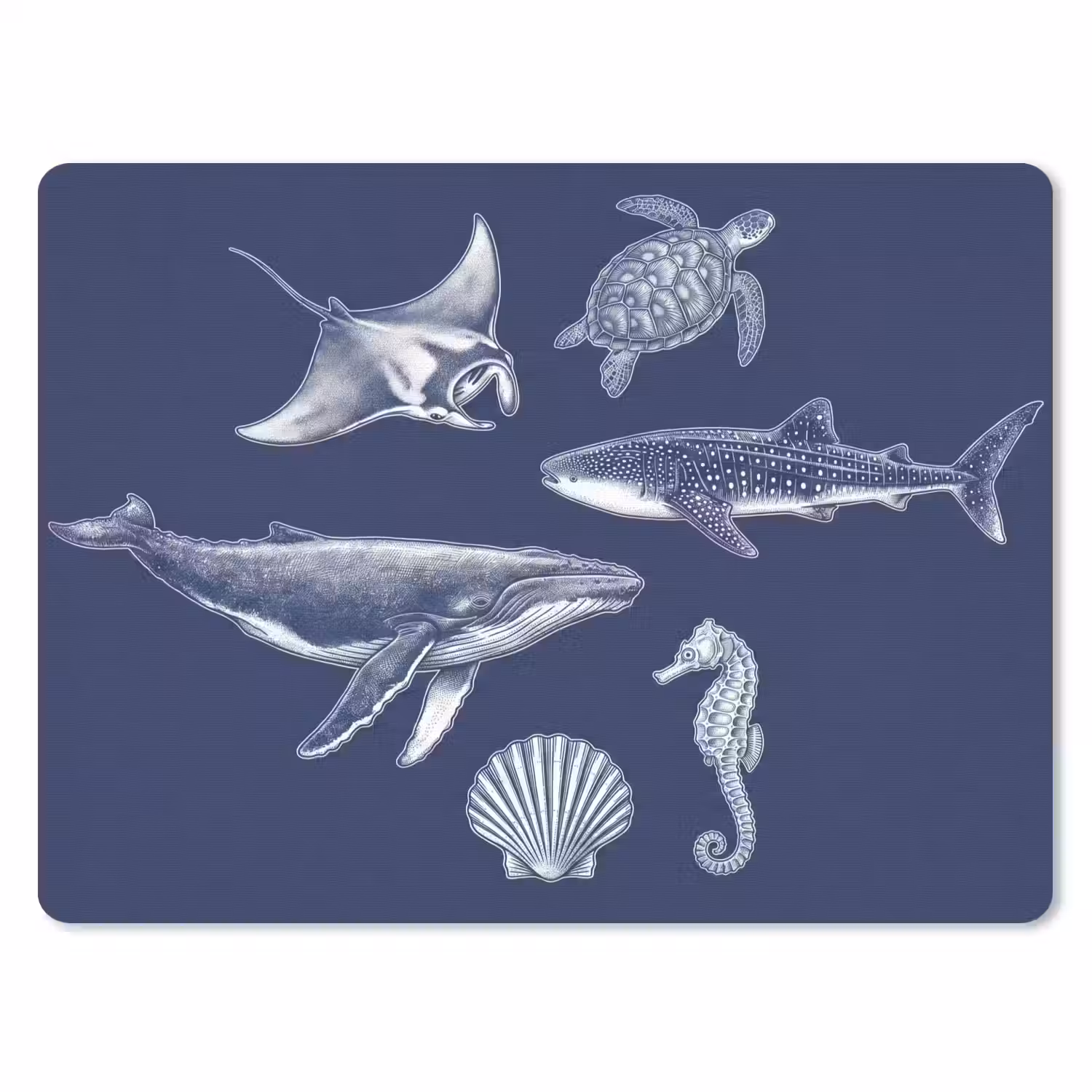 Dieren - Zeeleven - Oceaan - Graveren - Blauw muismat rubber klein -3d