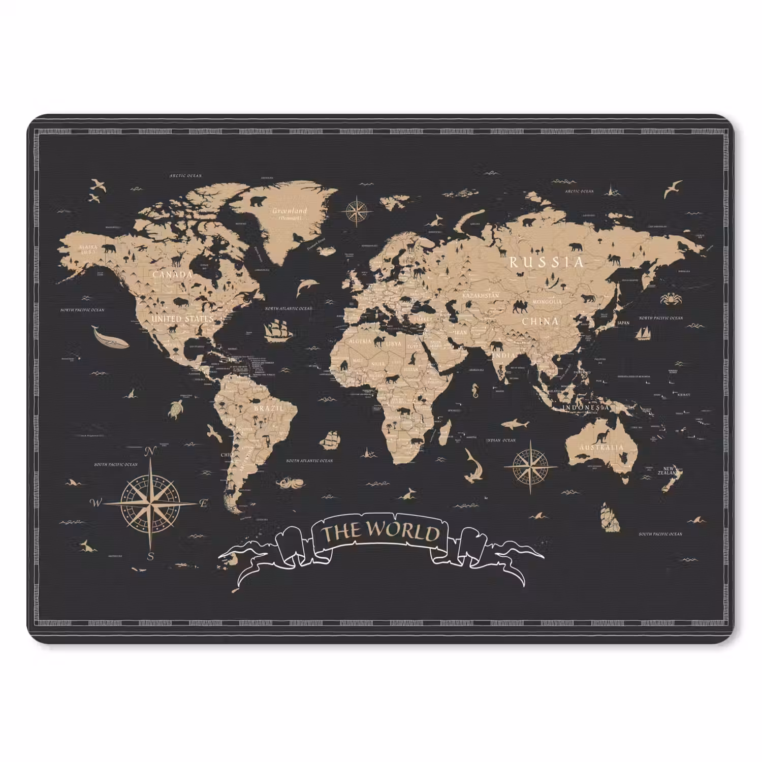 Wereldkaart - Beige - Zwart muismat rubber klein -3d