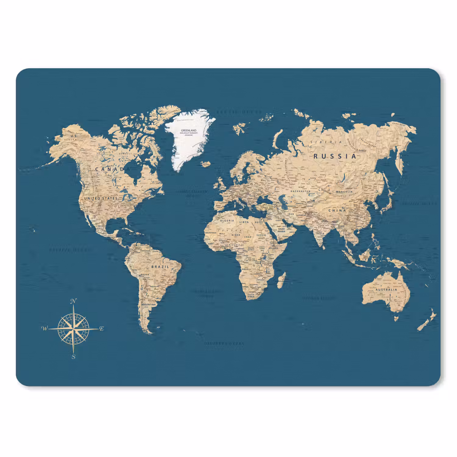 Wereldkaart - Donkerblauw - Beige muismat rubber klein -3d