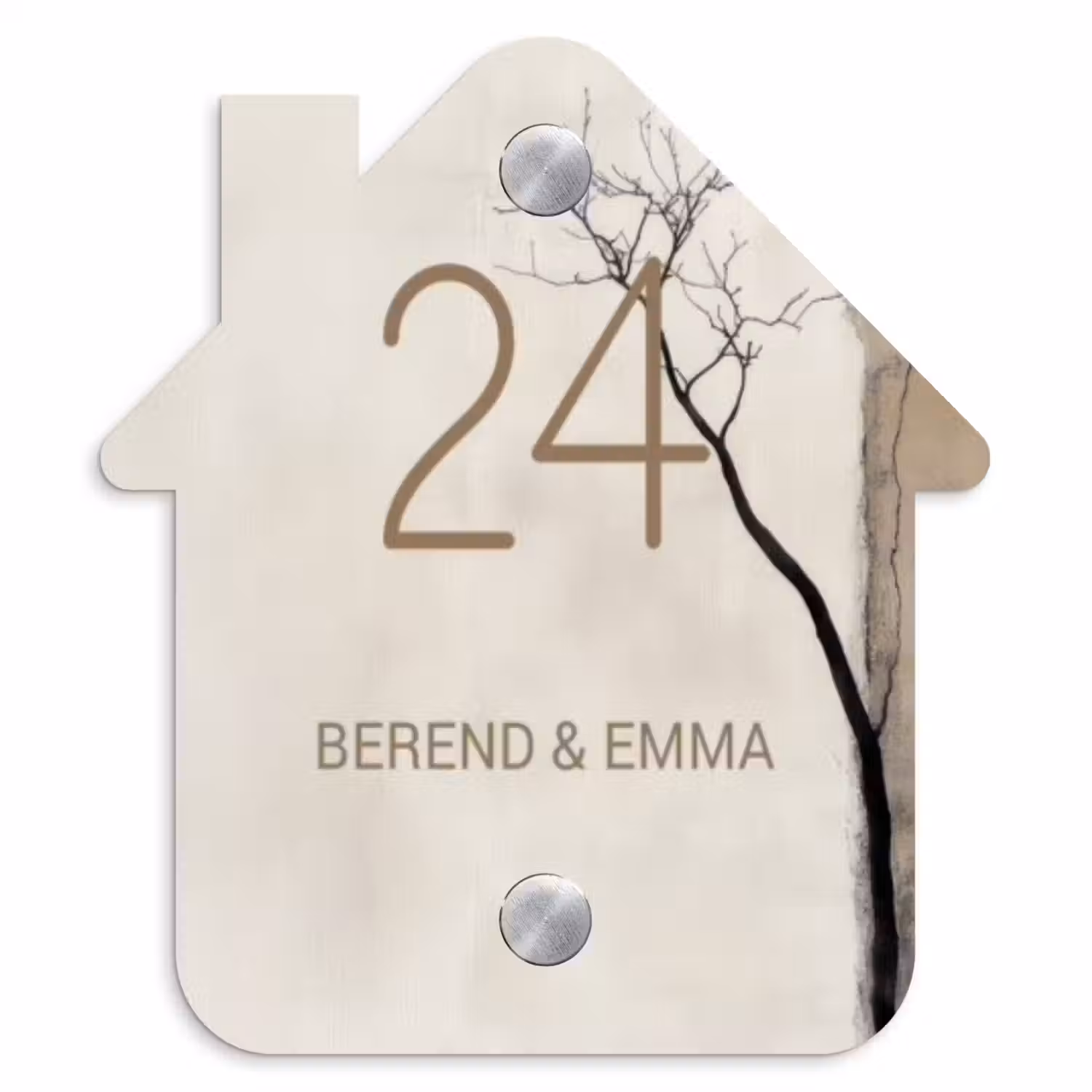 Boomsilhouet beige achtergrond - Klassiek Naambord Huisje klein -3d