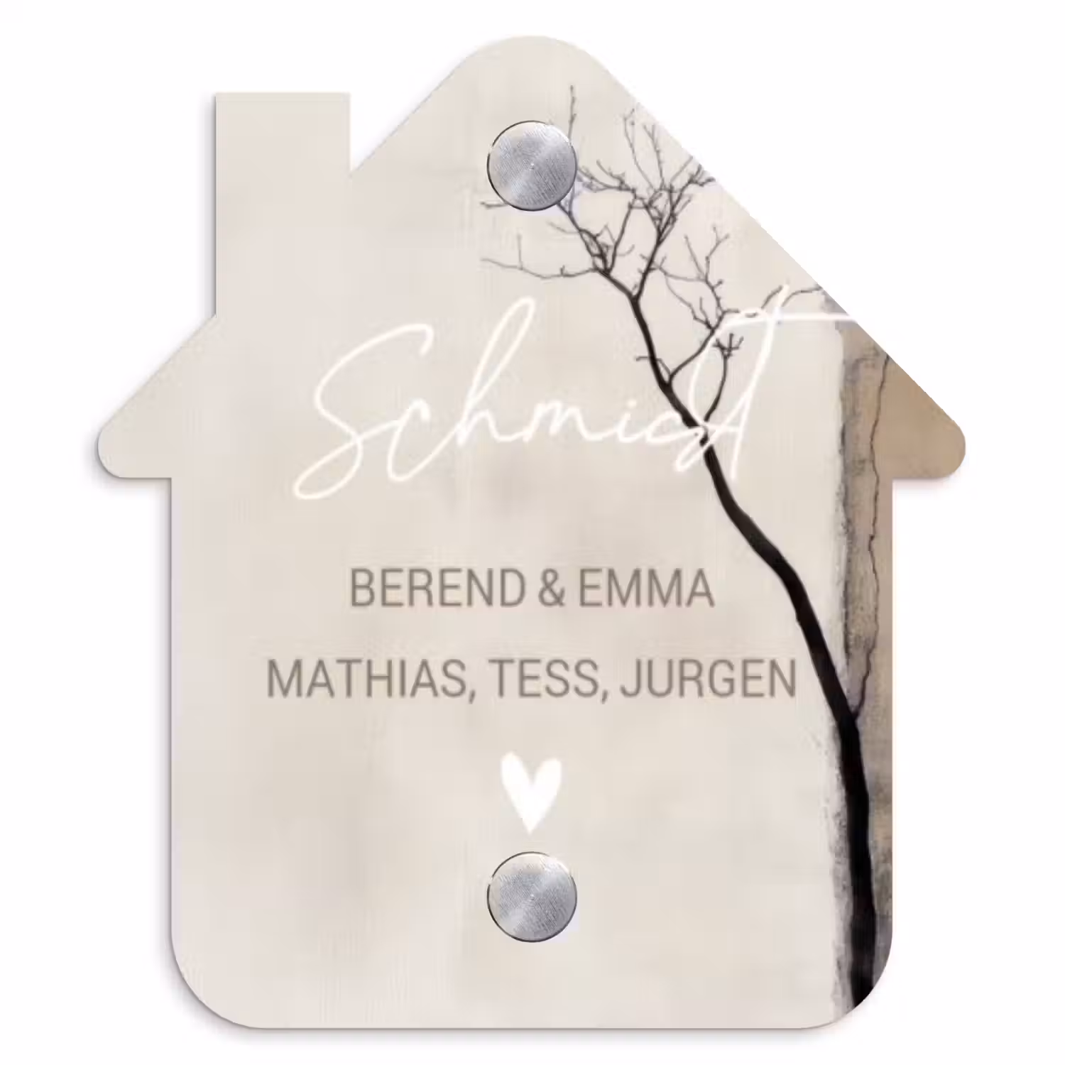 Boomsilhouet beige achtergrond - Sierlijk Naambord Huisje klein -3d