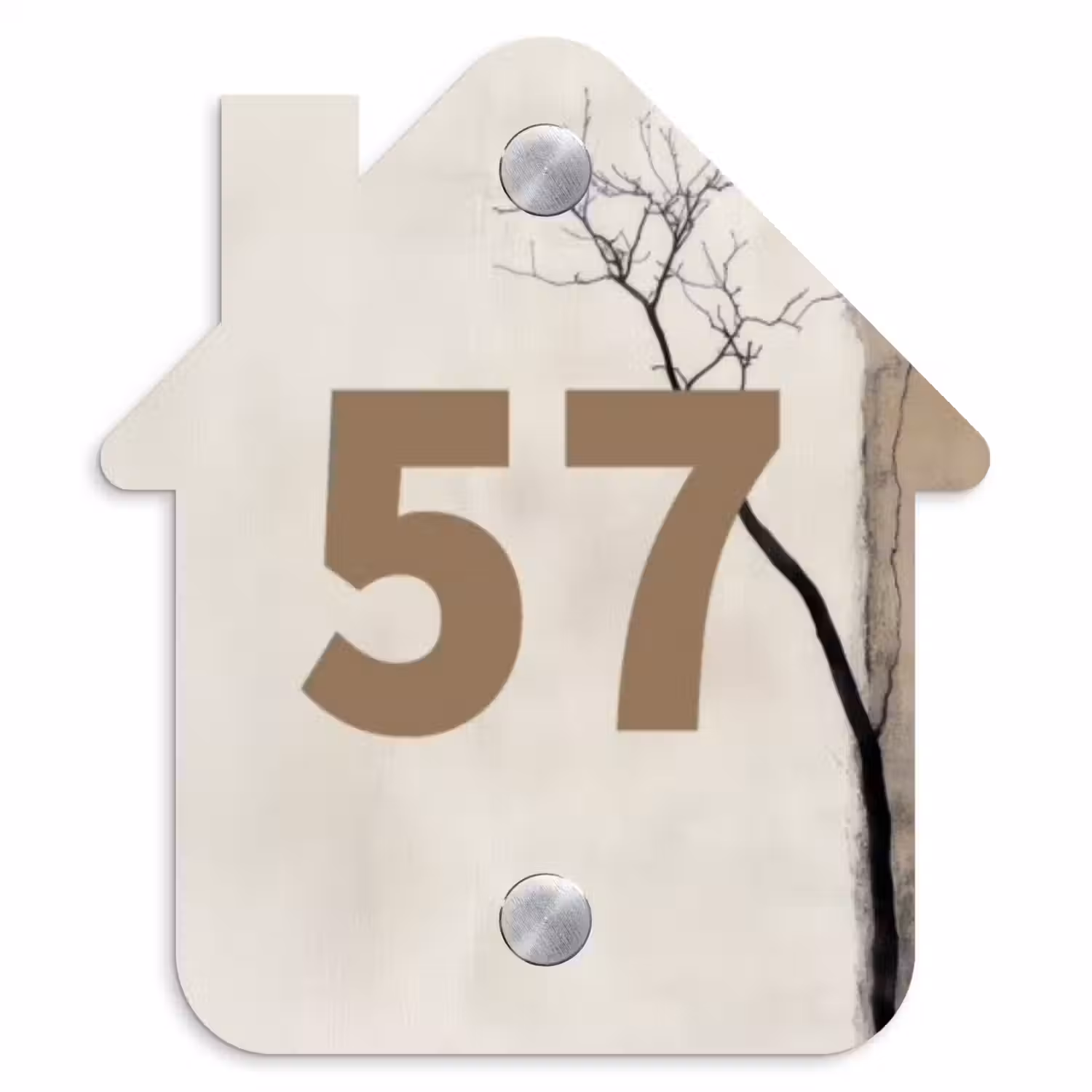 Boomsilhouet beige achtergrond - Traditioneel Naambord Huisje klein -3d