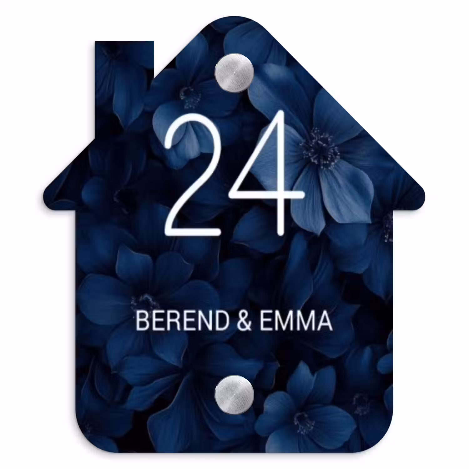 Blauwe bloemen - Sierlijk Naambord Huisje klein -3d