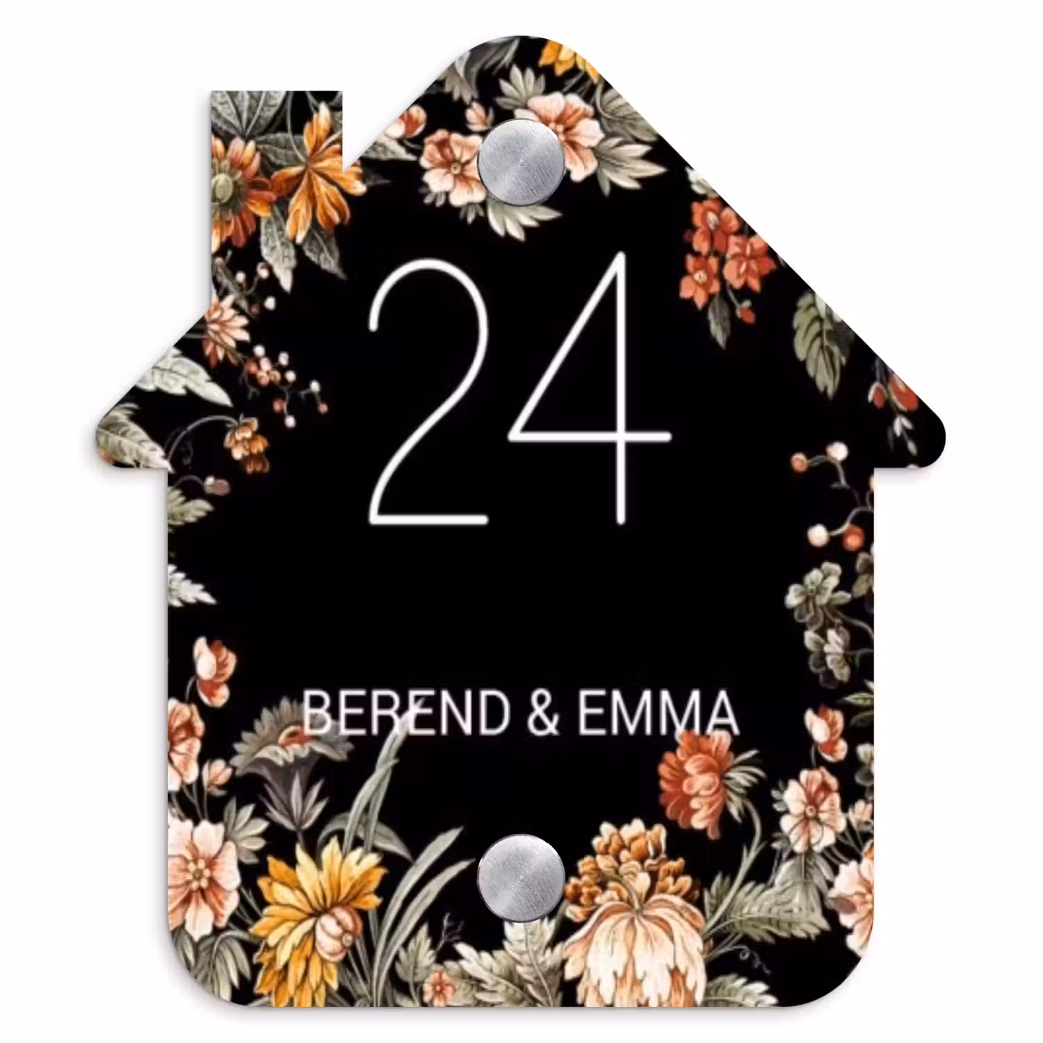 Bloemen - Zwart - Klassiek Naambord Huisje klein -3d