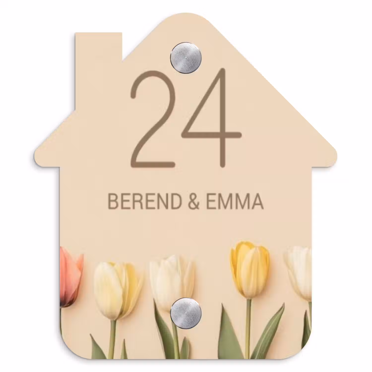 Gekleurde tulpen beige achtergrond - Klassiek Naambord Huisje klein -3d