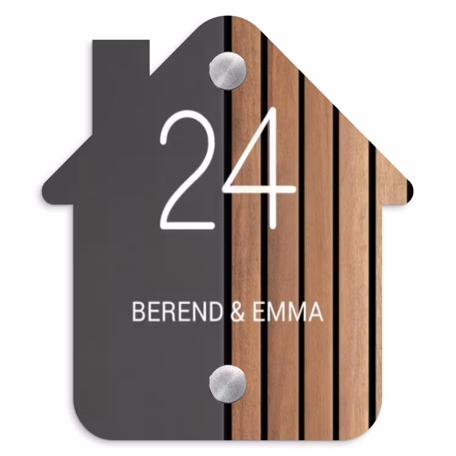 Hout en antraciet - Klassiek Naambord Huisje klein -3d