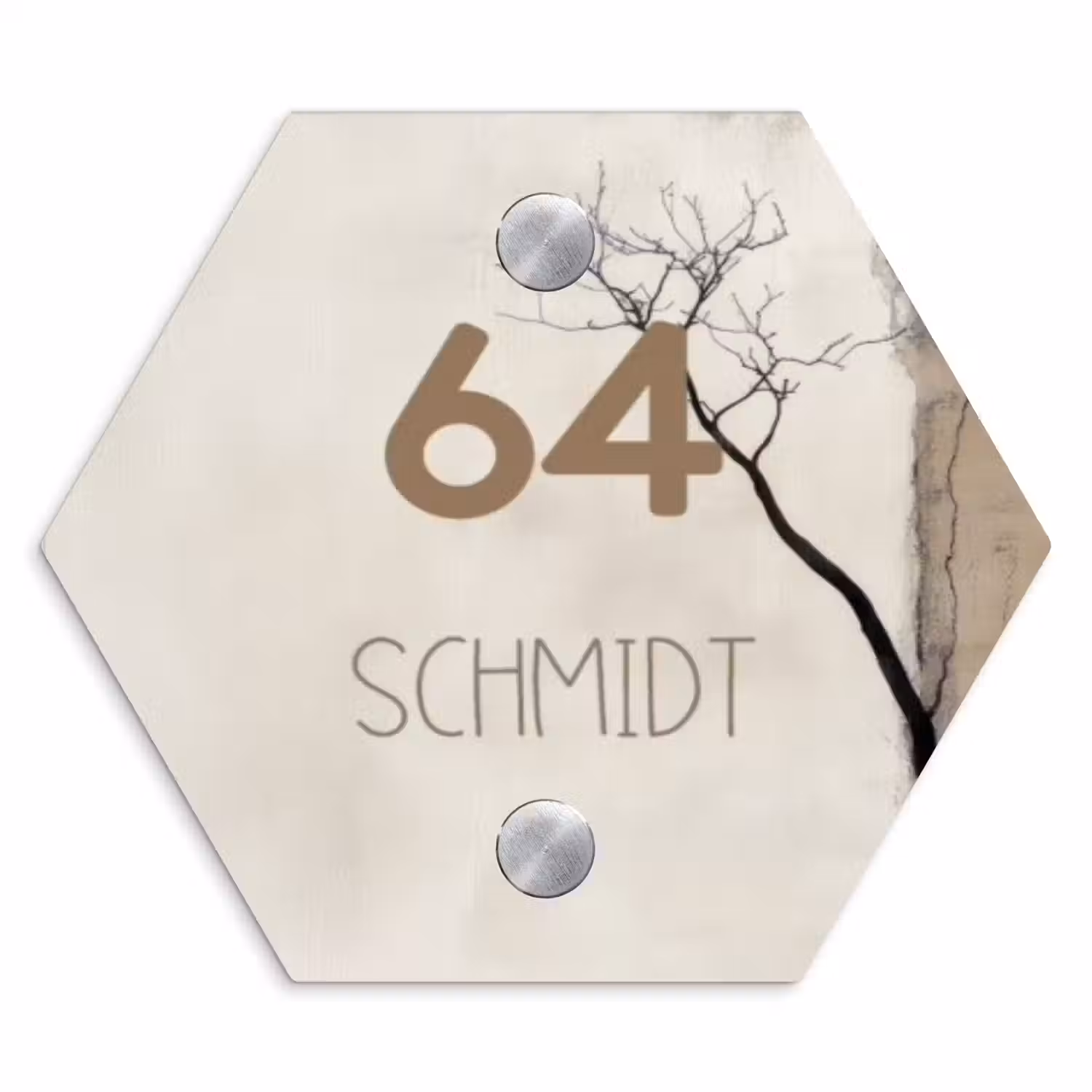 Boomsilhouet beige achtergrond - Modern Naambord Hexagon klein -3d