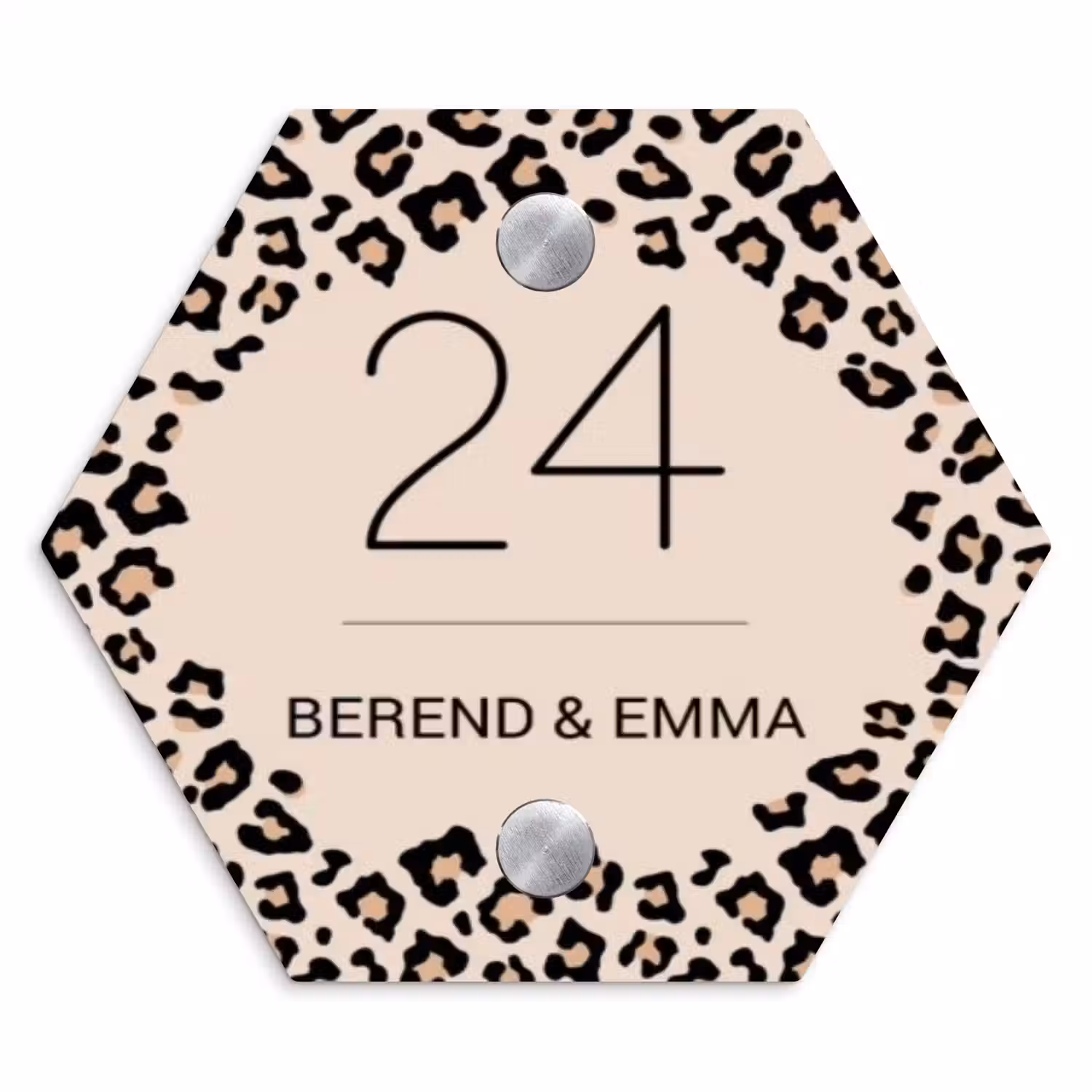 Beige luipaardprint - Klassiek Naambord Hexagon klein -3d