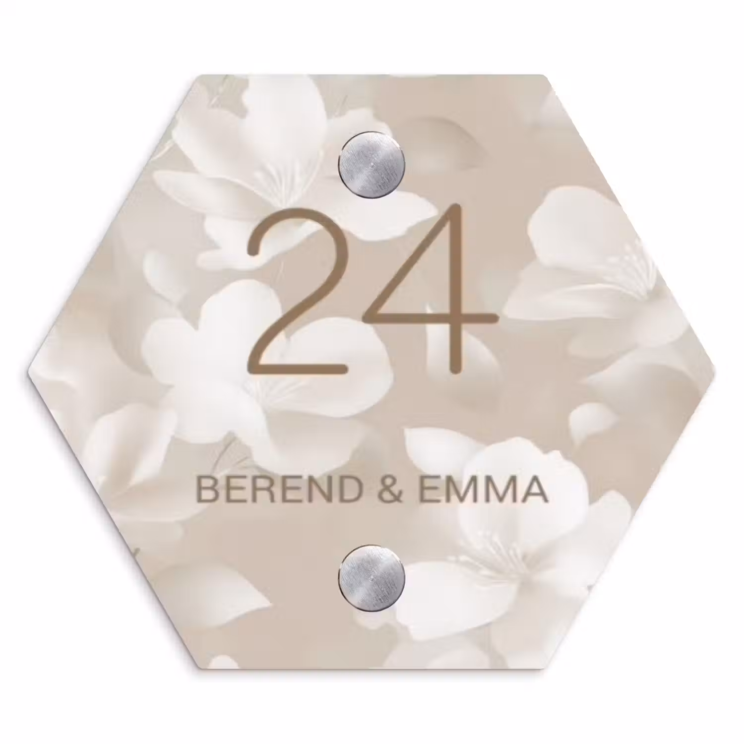 Beigefarbene Blumen Naambord Hexagon klein -3d