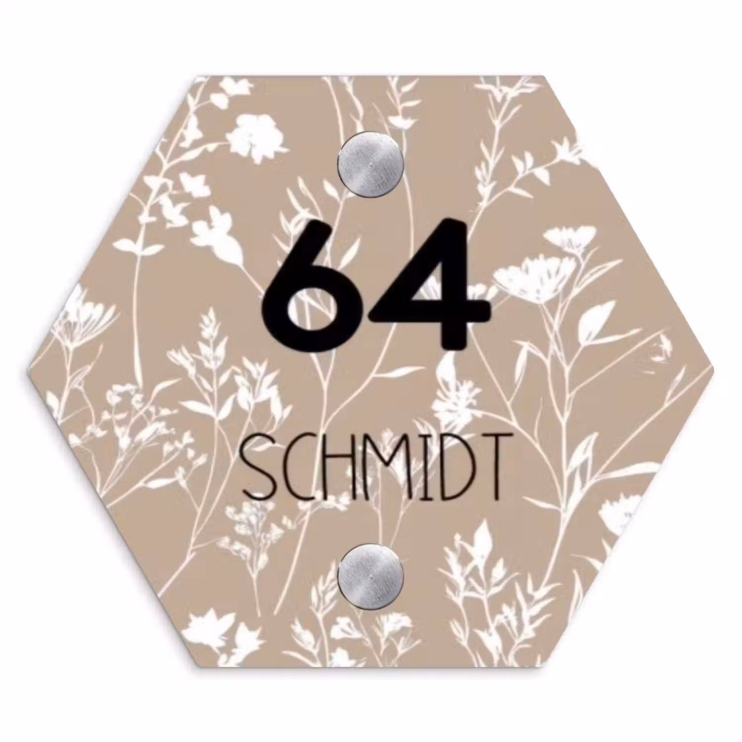 Beiges Blumenmuster - Modern Naambord Hexagon klein -3d