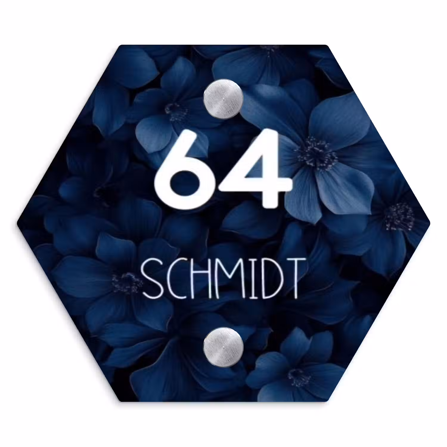 Blauwe bloemen - Modern Naambord Hexagon klein -3d