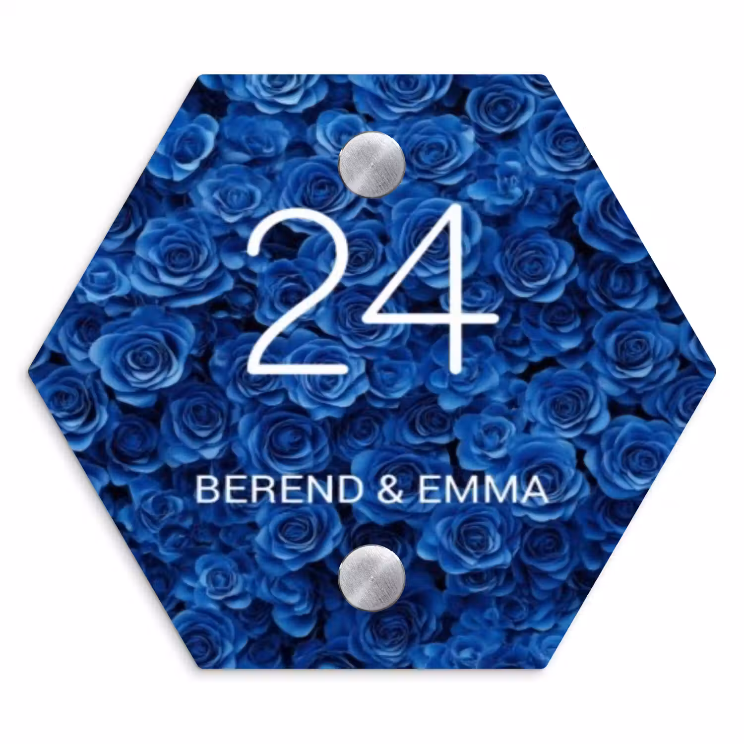 Blauwe rozen - Klassiek Naambord Hexagon klein -3d