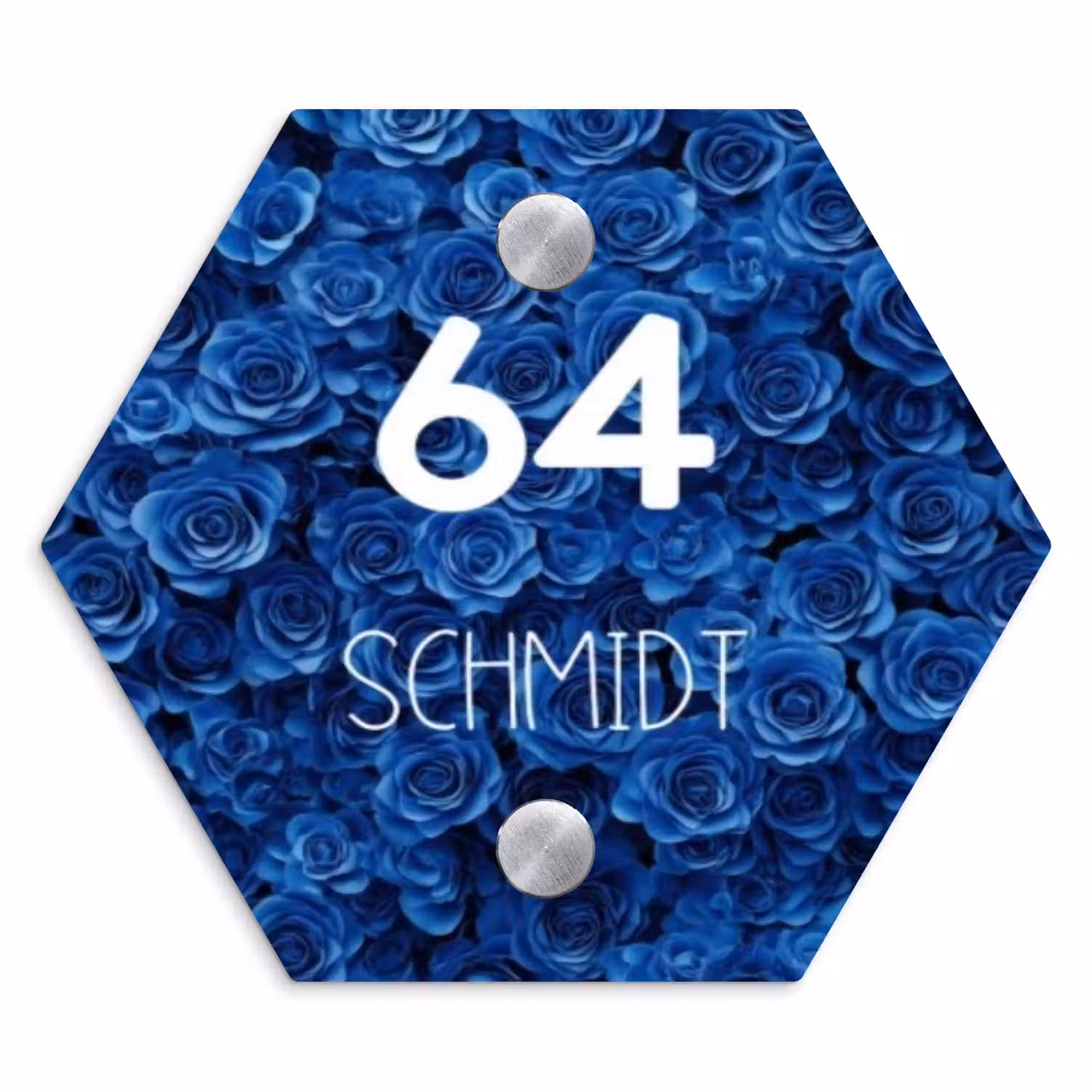 Blauwe rozen - Modern Naambord Hexagon klein -3d