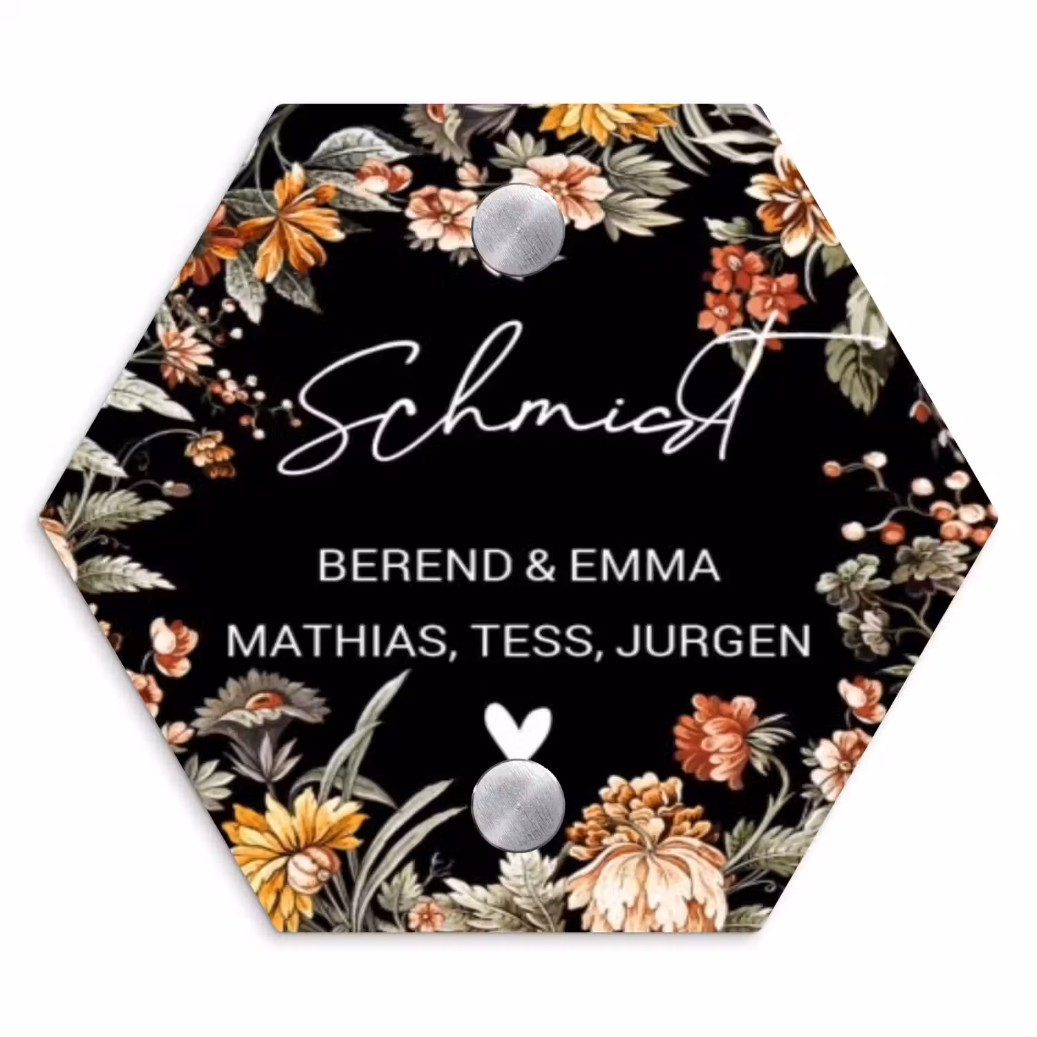 Bloemen - Zwart - Sierlijk Naambord Hexagon klein -3d
