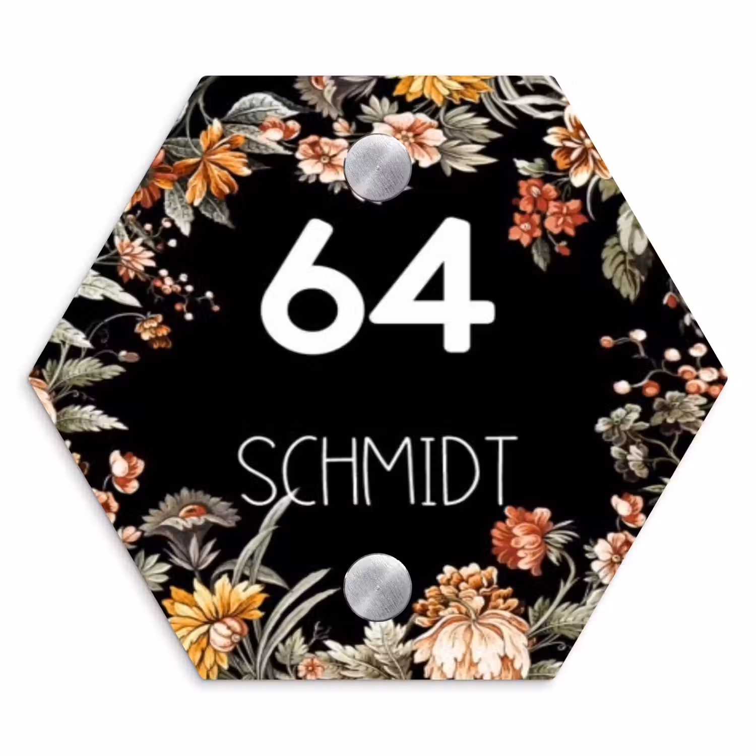 Bloemen - Zwart - Modern Naambord Hexagon klein -3d