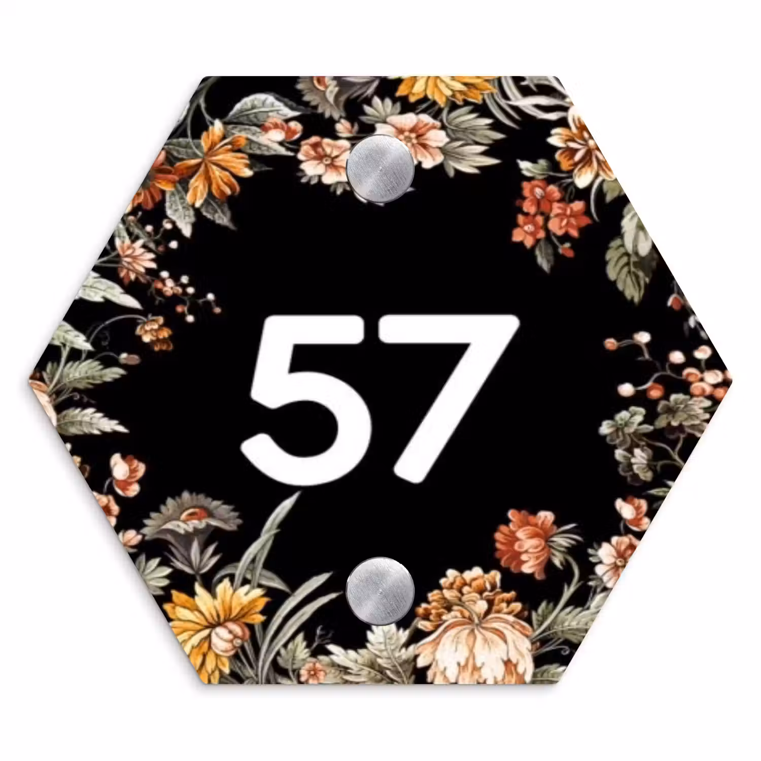 Bloemen - Zwart - Traditioneel Naambord Hexagon klein -3d