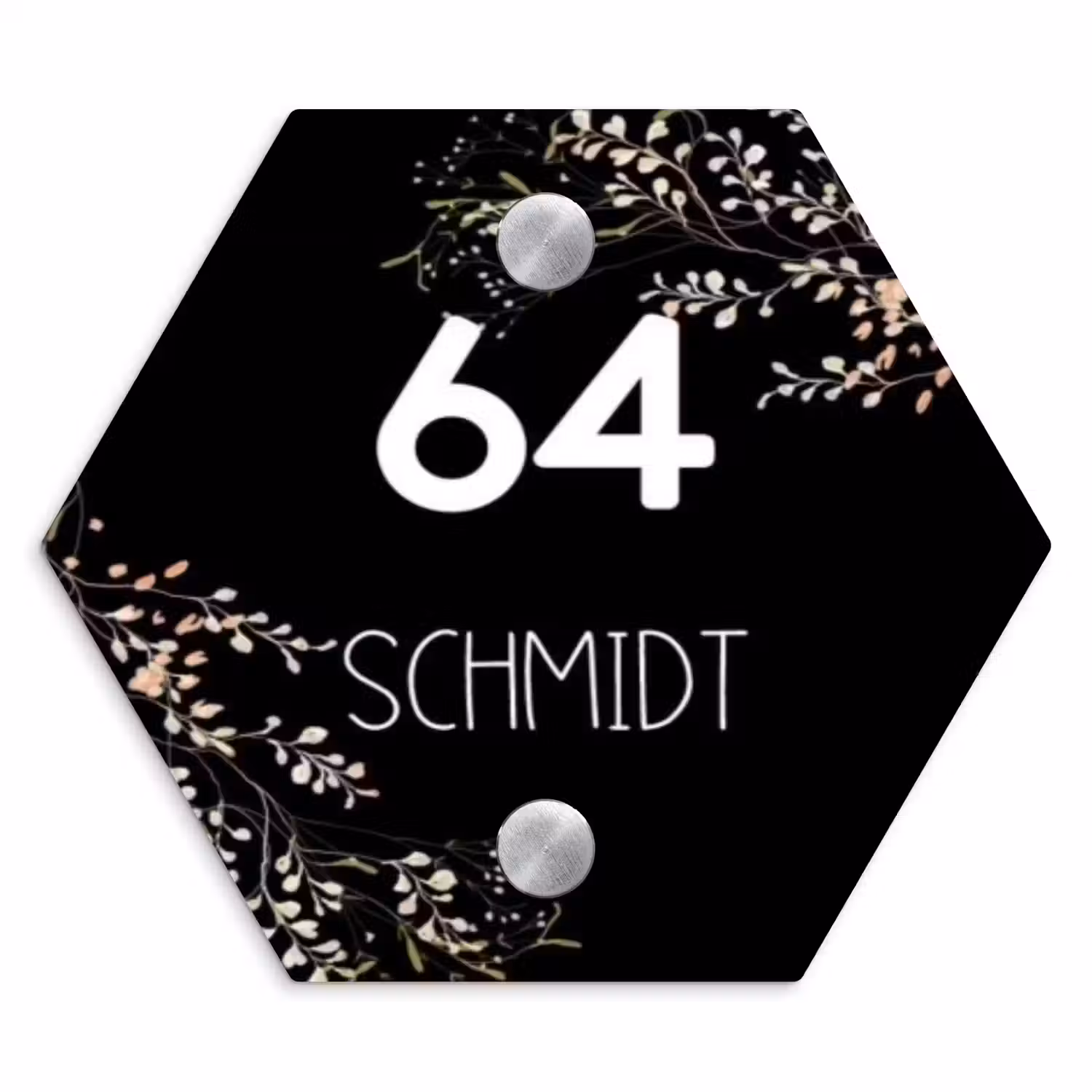 Botanisch - Zwart - Modern Naambord Hexagon klein -3d