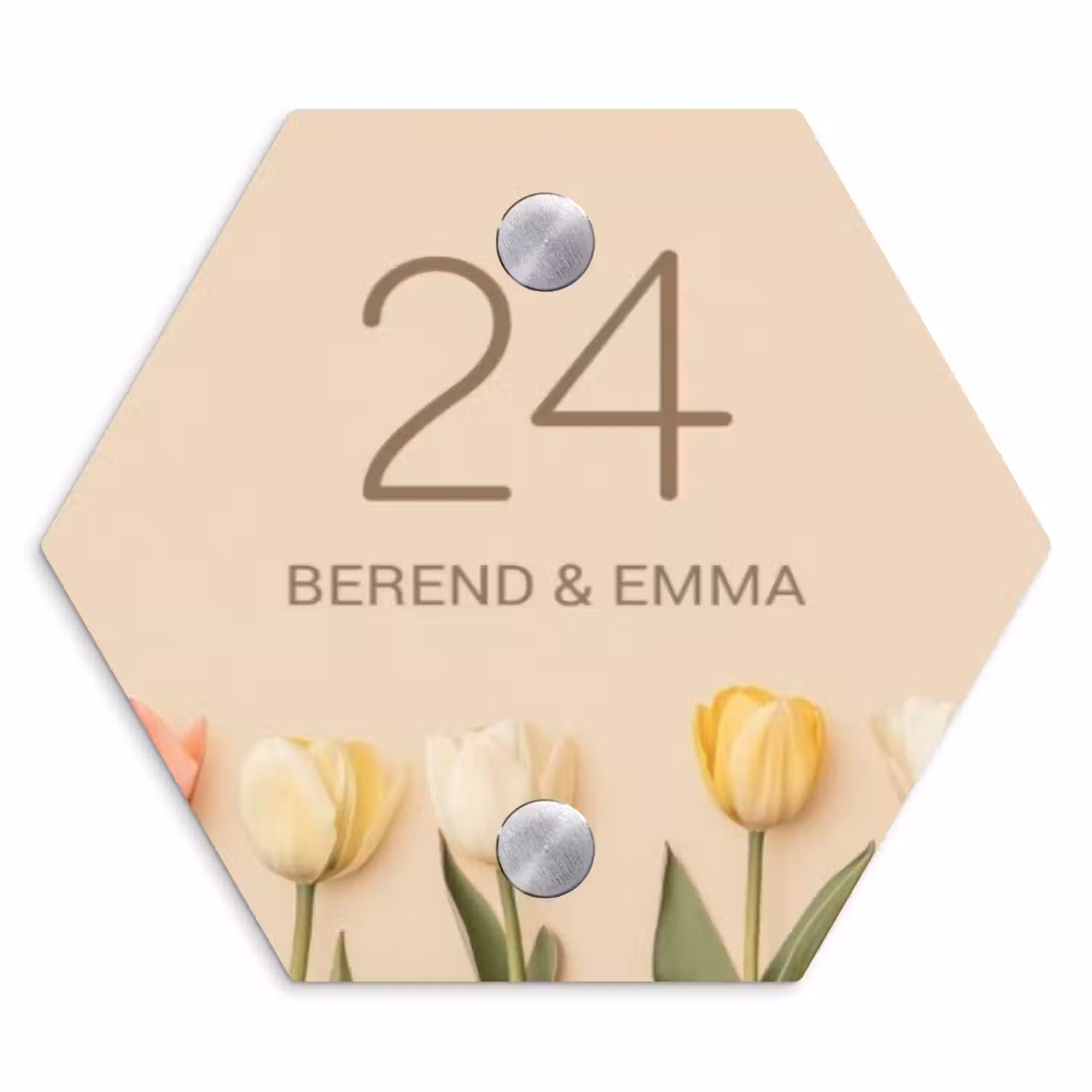 Gekleurde tulpen beige achtergrond - Klassiek Naambord Hexagon klein -3d