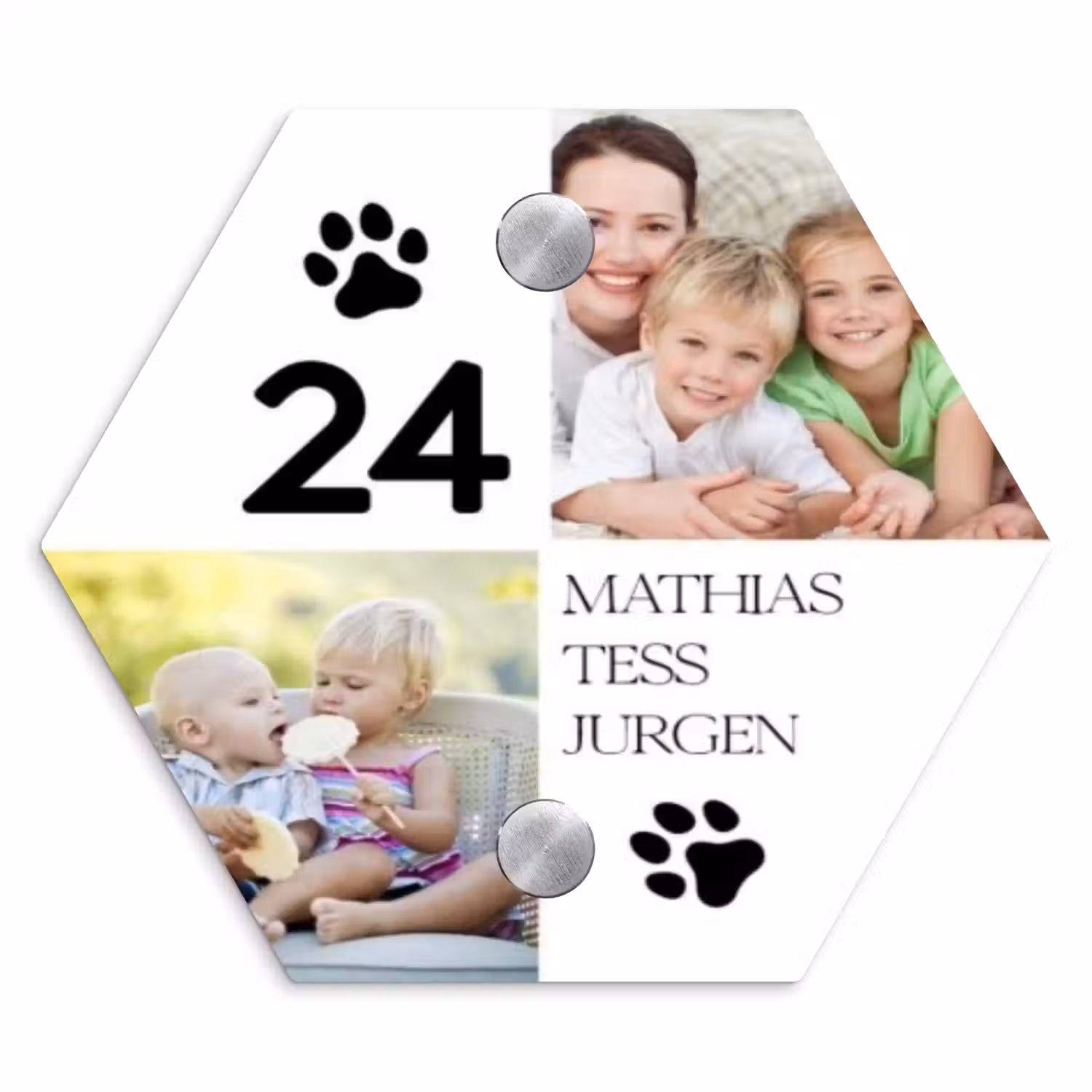 Familieportret met pootafdrukken - Klassiek Naambord Hexagon klein -3d