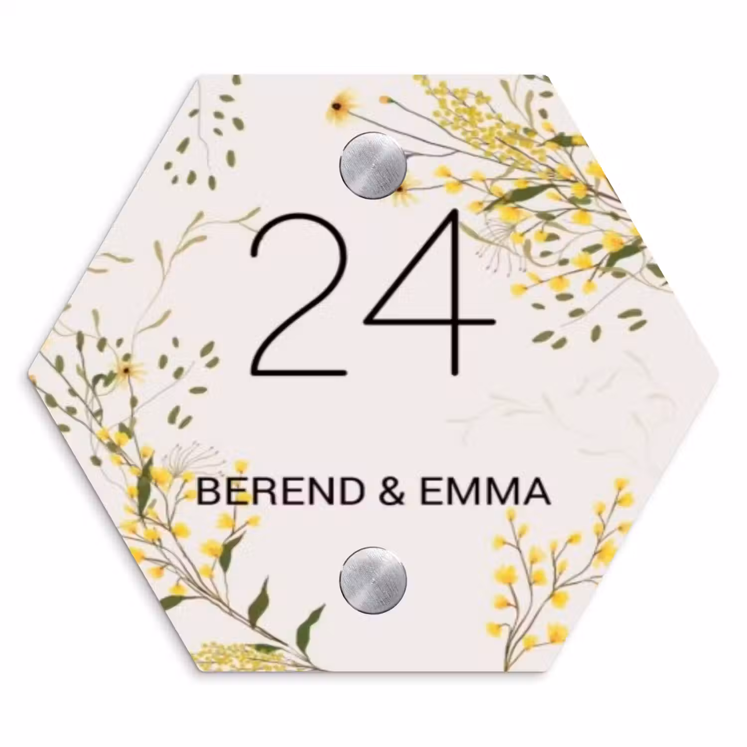 Gele bloemen - Klassiek Naambord Hexagon klein -3d