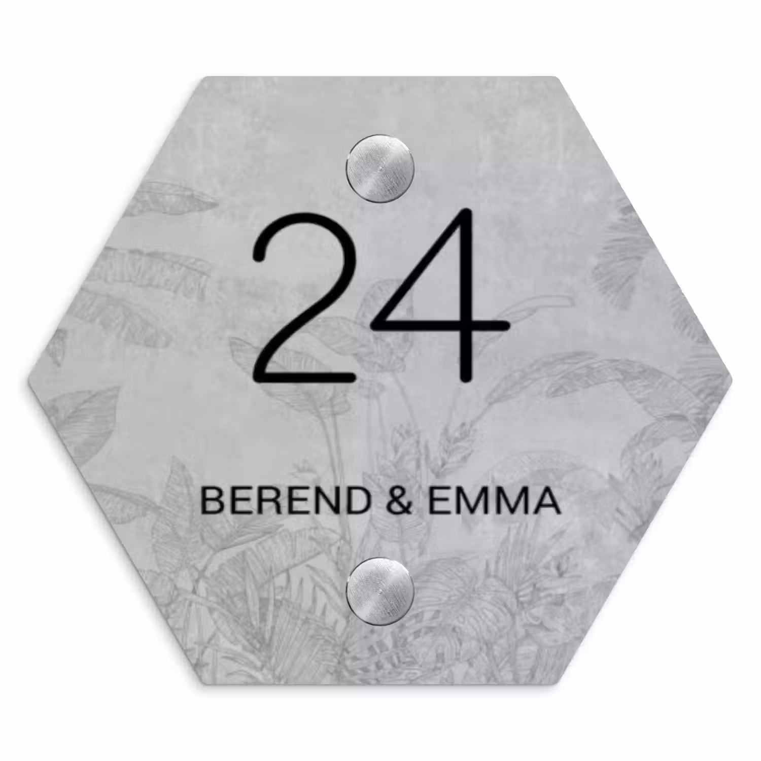 Grijs botanisch patroon - Klassiek Naambord Hexagon klein -3d