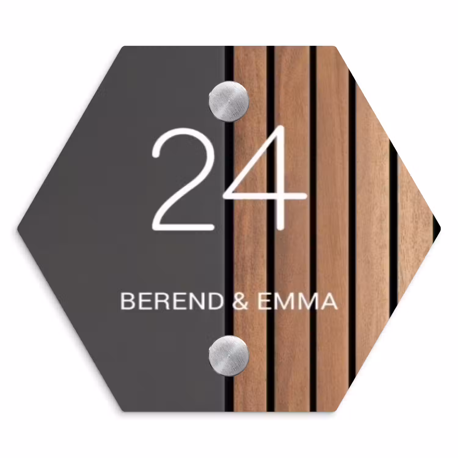 Hout en antraciet - Klassiek Naambord Hexagon klein -3d