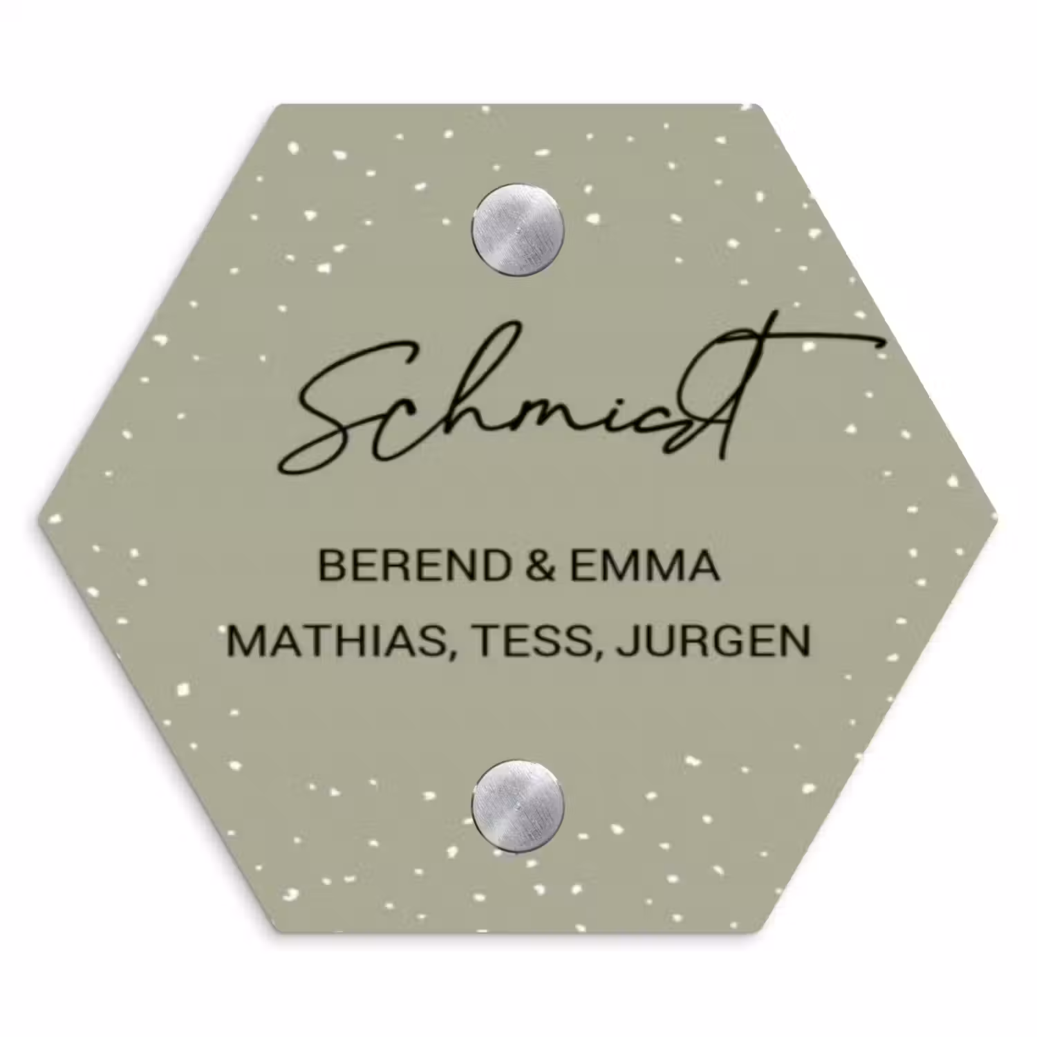 Olijfgroen met stippen - Sierlijk Naambord Hexagon klein -3d