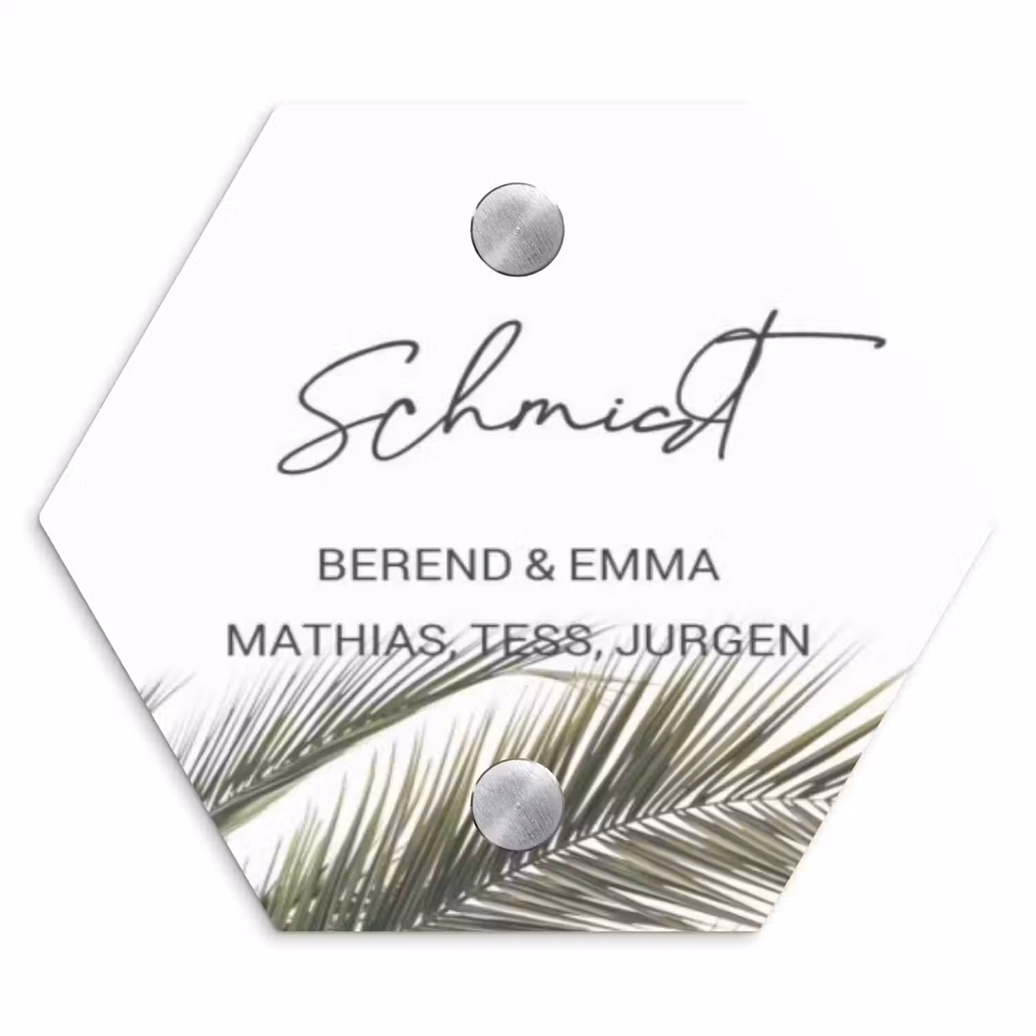 Wit met palmblad - Sierlijk Naambord Hexagon klein -3d