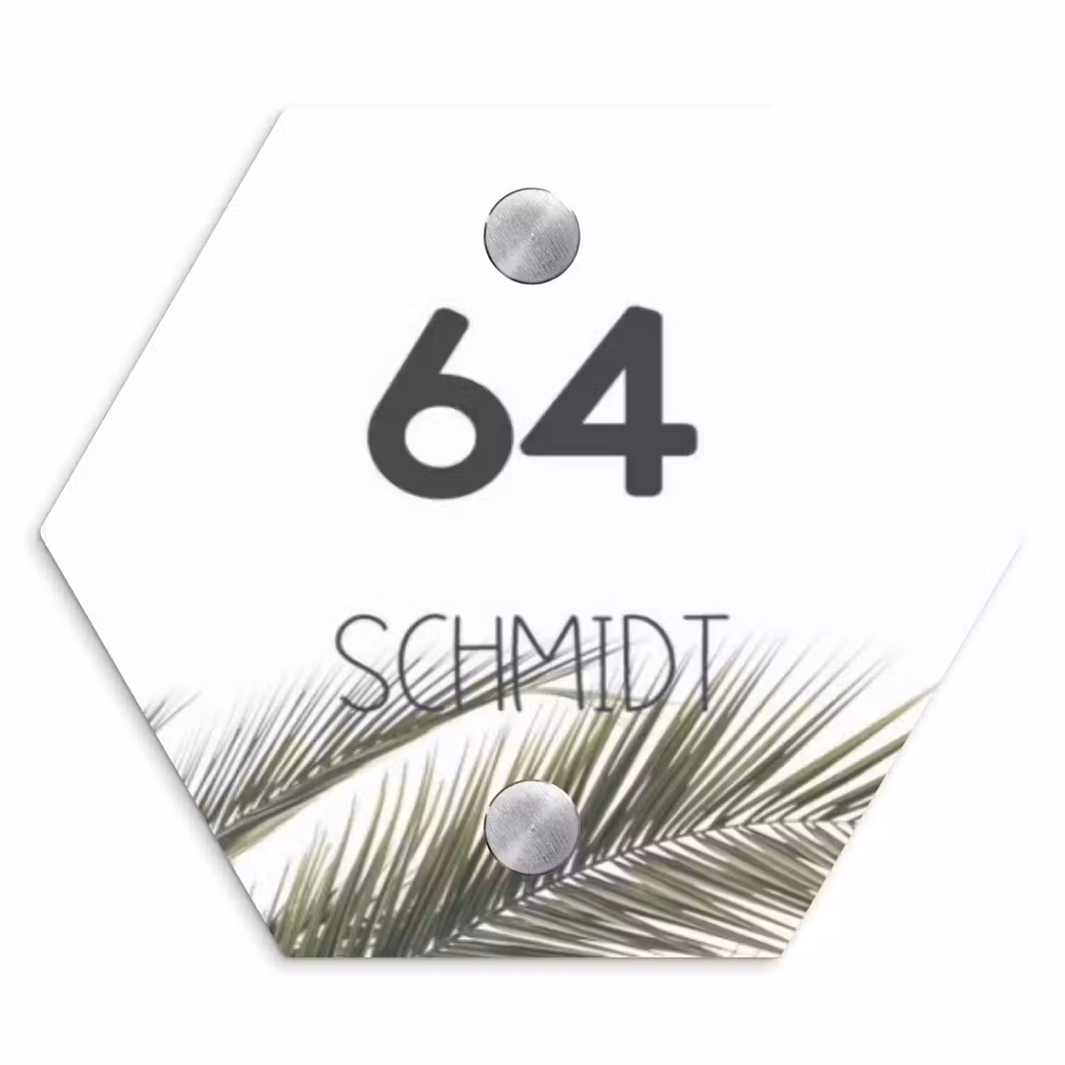 Wit met palmblad - Modern Naambord Hexagon klein -3d