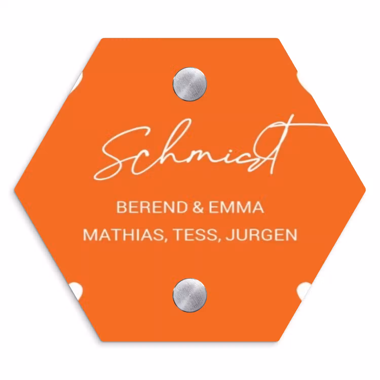 Weiße Herzchen in den Ecken - Elegant Naambord Hexagon klein -3d