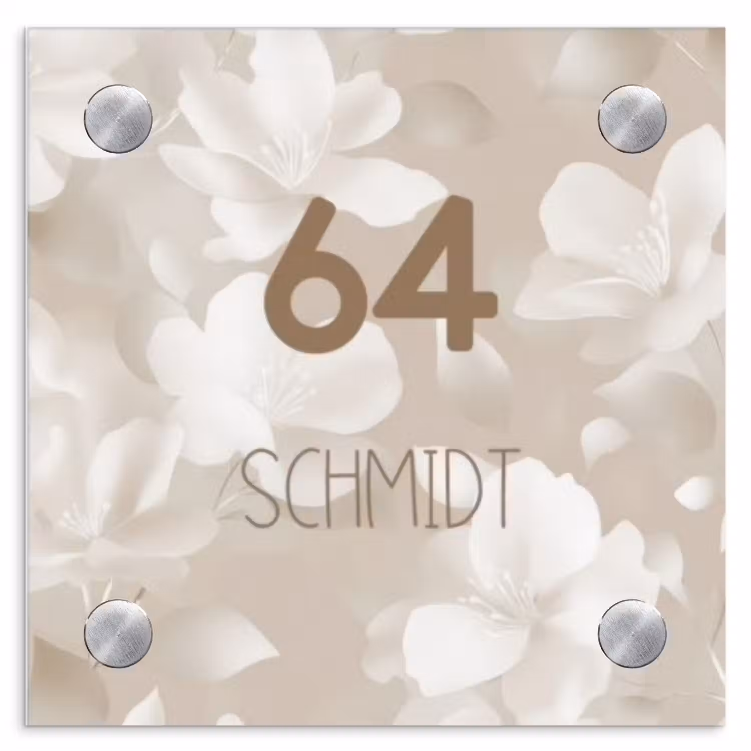 Beigefarbene Blumen - Modern Naambord Vierkant klein -3d