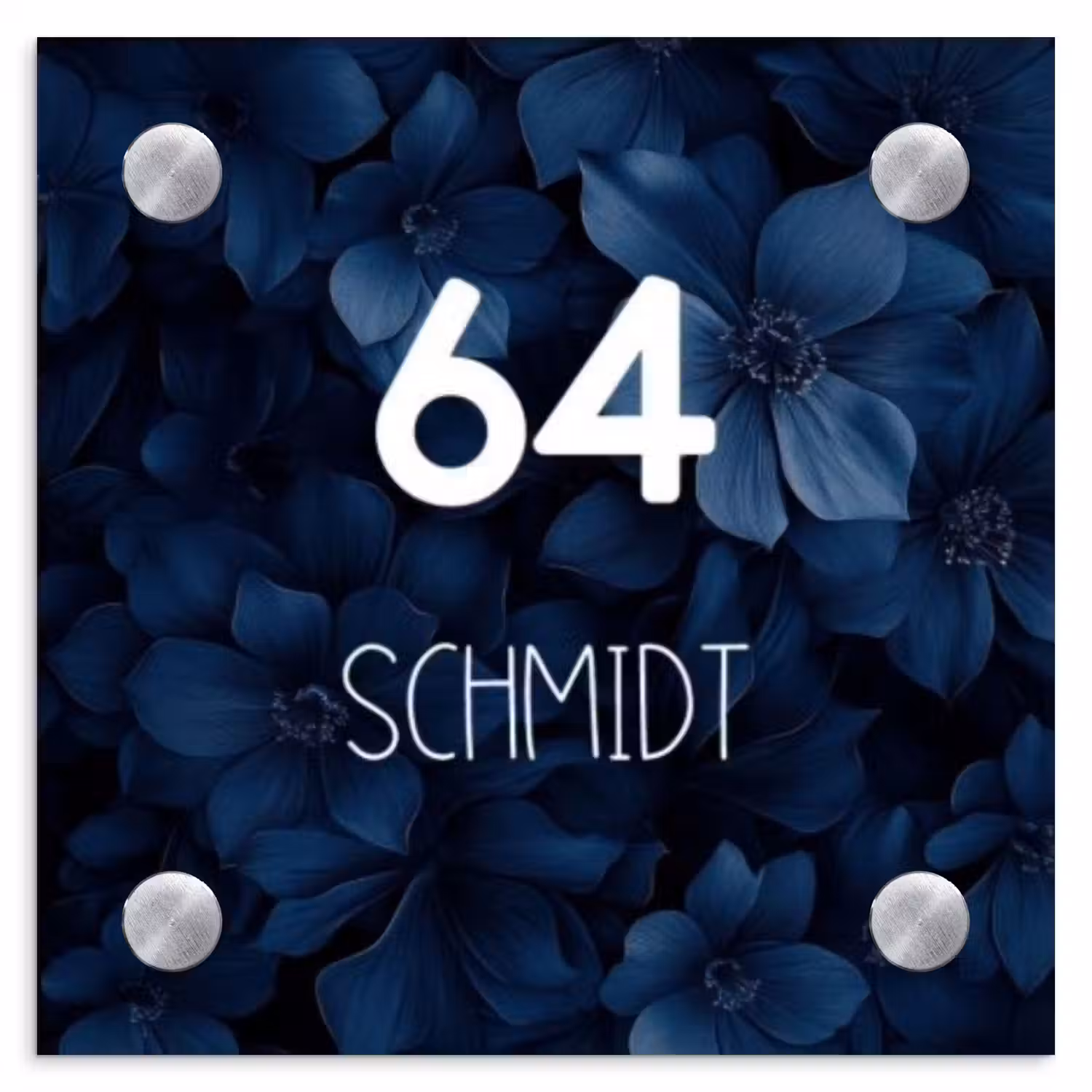 Blauwe bloemen - Modern Naambord Vierkant klein -3d