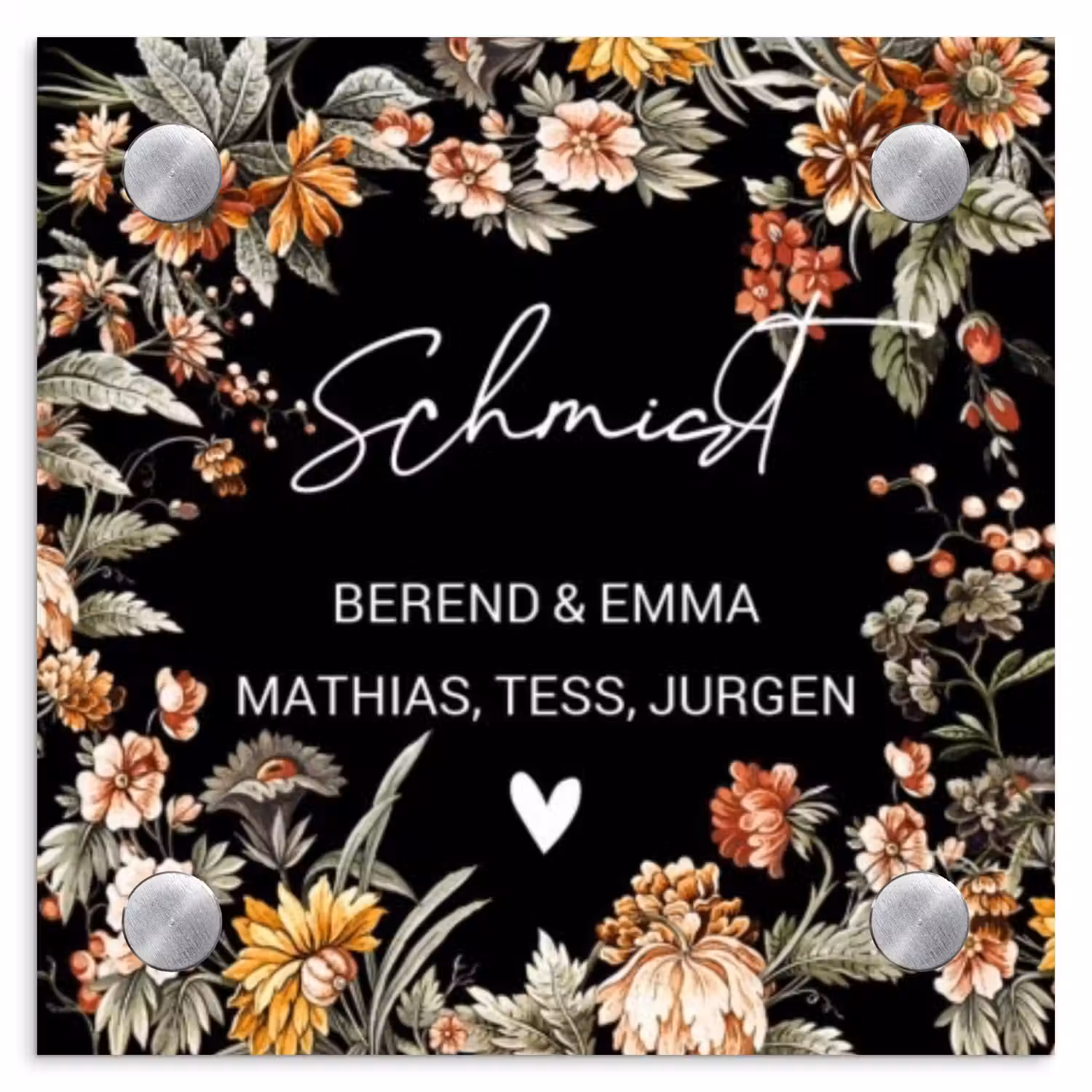 Bloemen - Zwart - Sierlijk Naambord Vierkant klein -3d