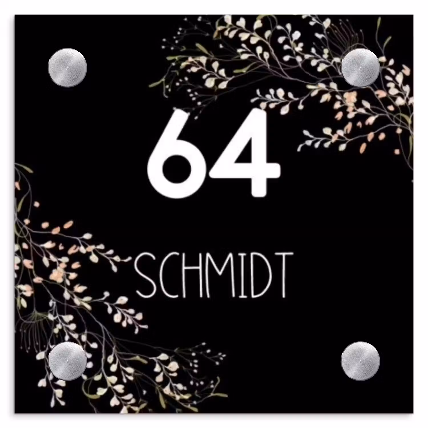 Botanisch - Zwart - Modern Naambord Vierkant klein -3d