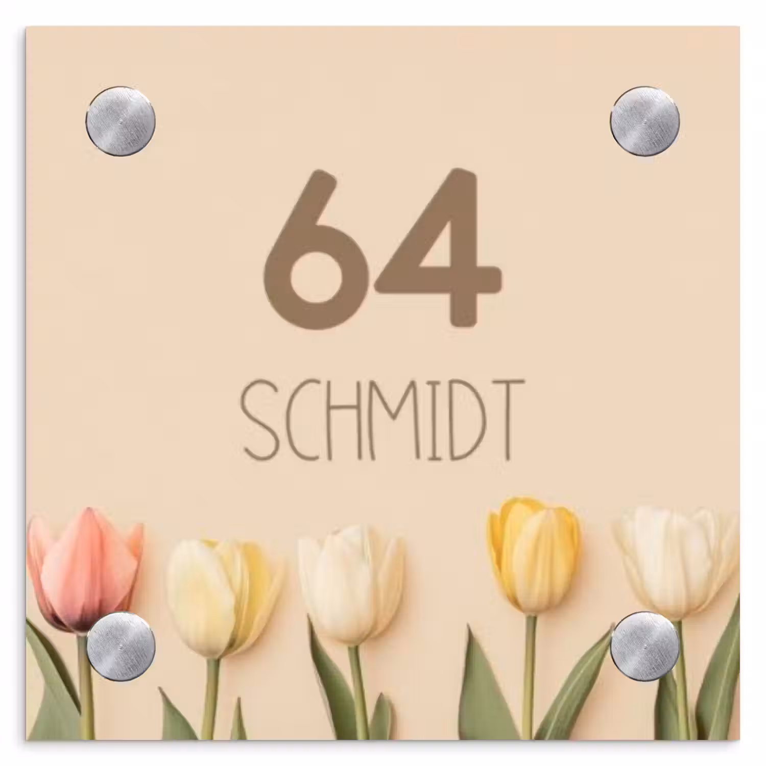 Gekleurde tulpen beige achtergrond - Modern Naambord Vierkant klein -3d