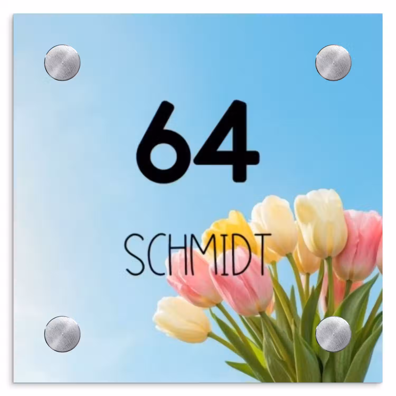Gekleurde tulpen lucht - Modern Naambord Vierkant klein -3d