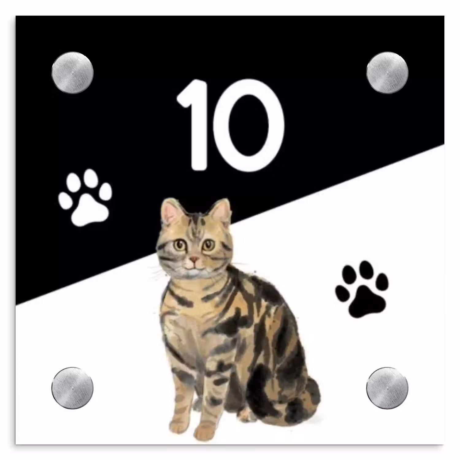 Zwart wit - Huisdier - Bruingestreepte kat Naambord Vierkant klein -3d