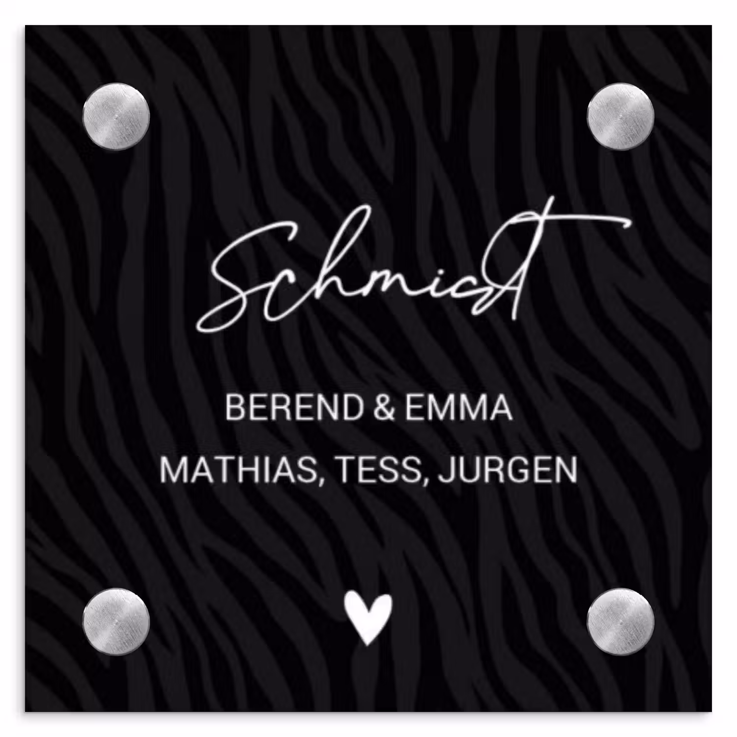 Zwart zebraprint - Sierlijk Naambord Vierkant klein -3d
