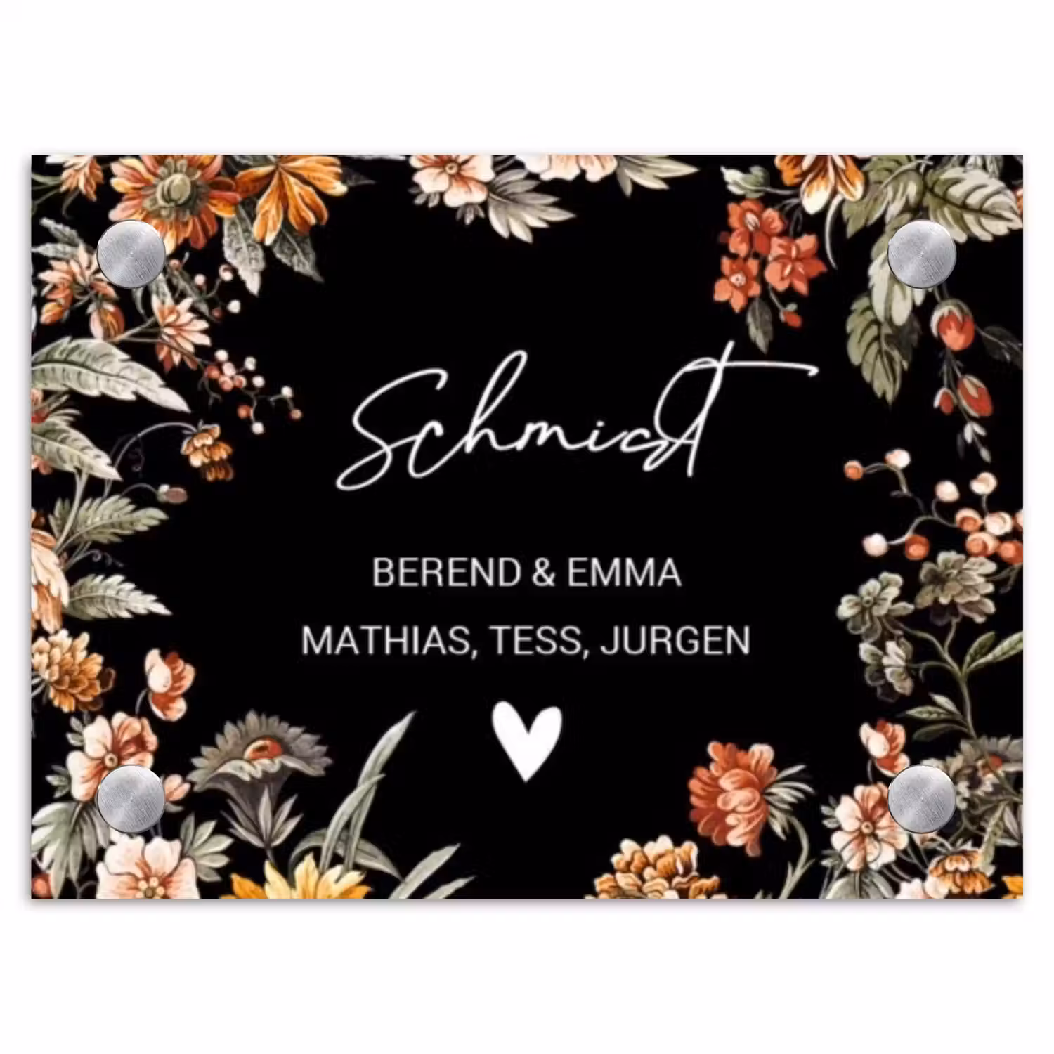 Bloemen - Zwart - Sierlijk Naambord Rechthoek middel -3d