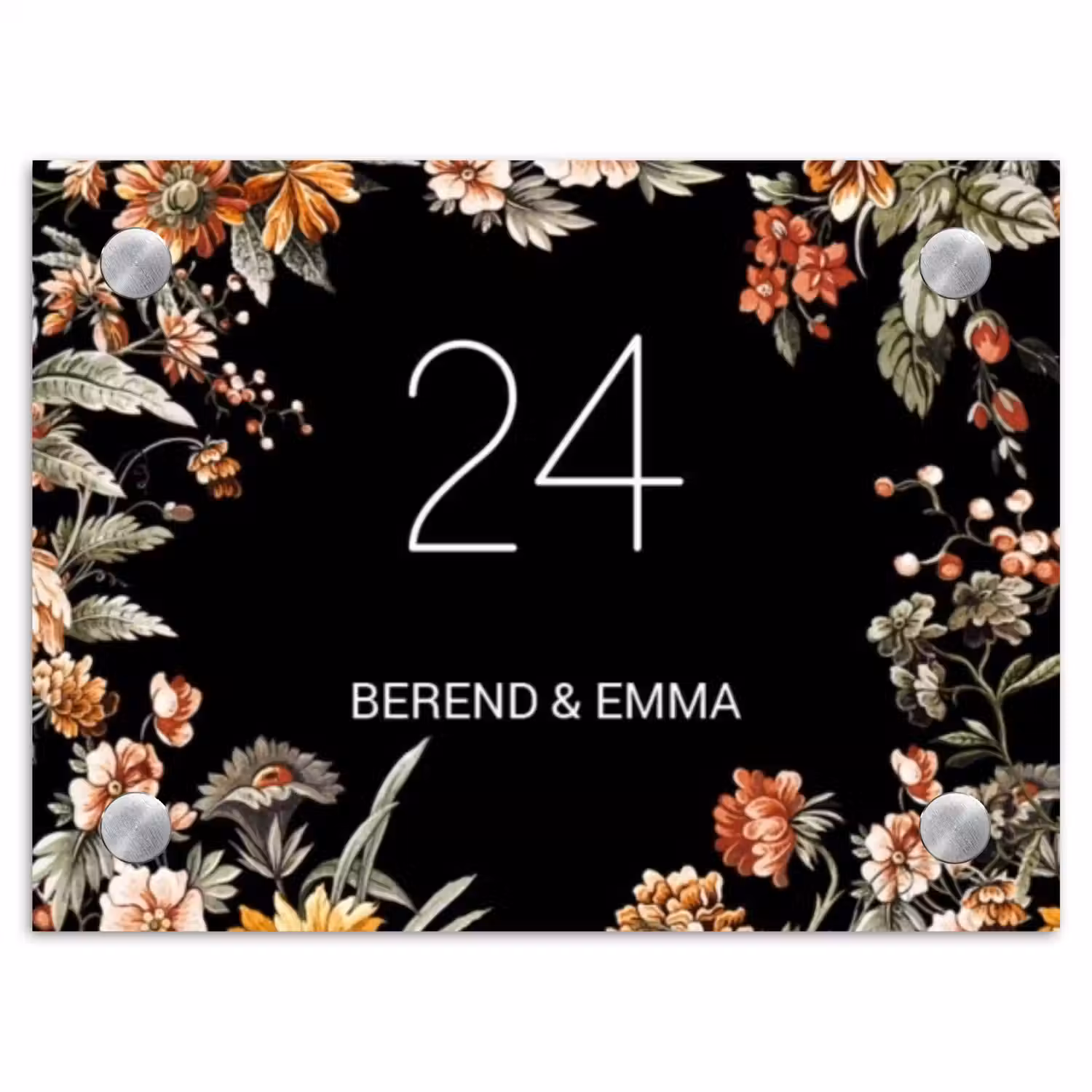 Bloemen - Zwart - Klassiek Naambord Rechthoek middel -3d
