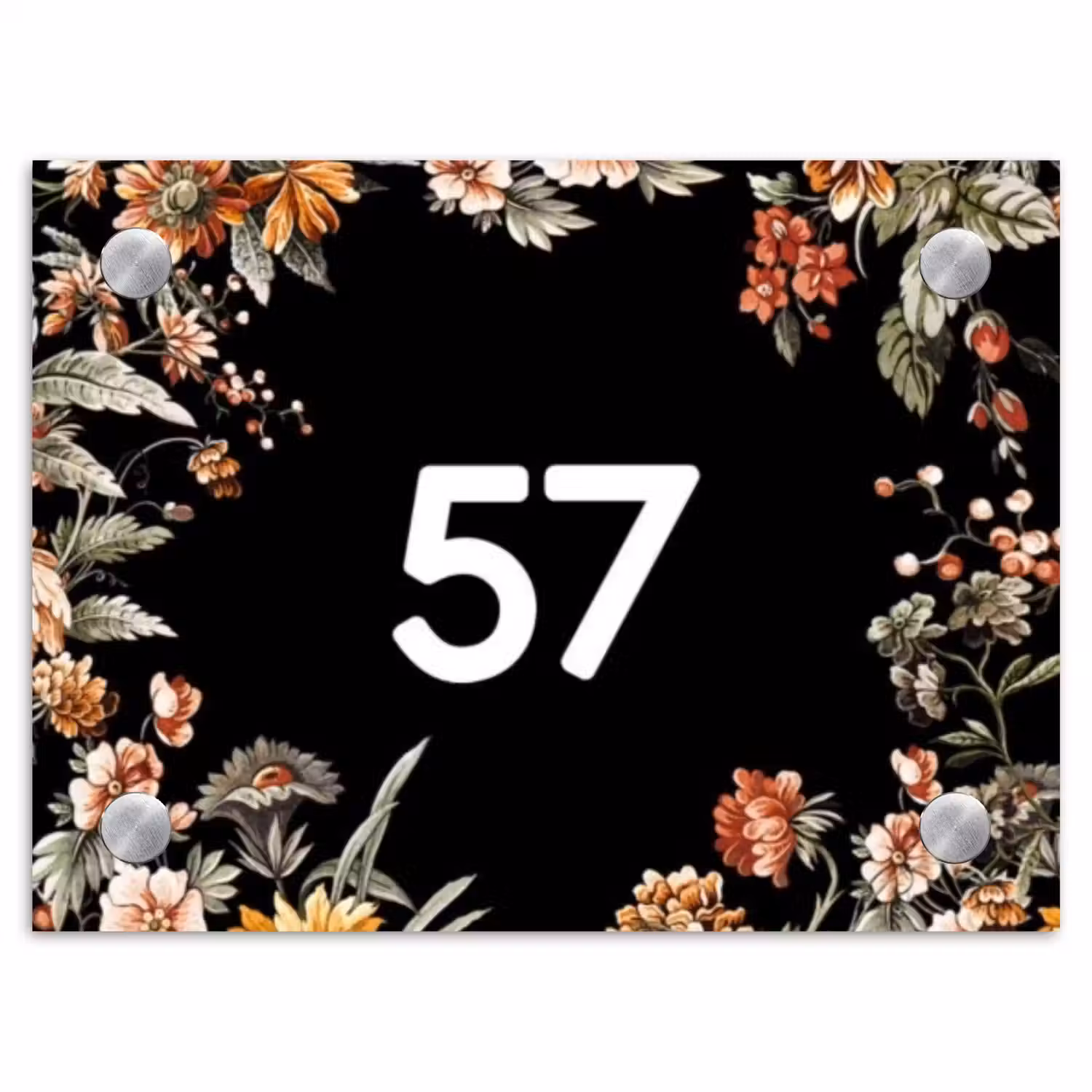 Bloemen - Zwart - Traditioneel Naambord Rechthoek middel -3d
